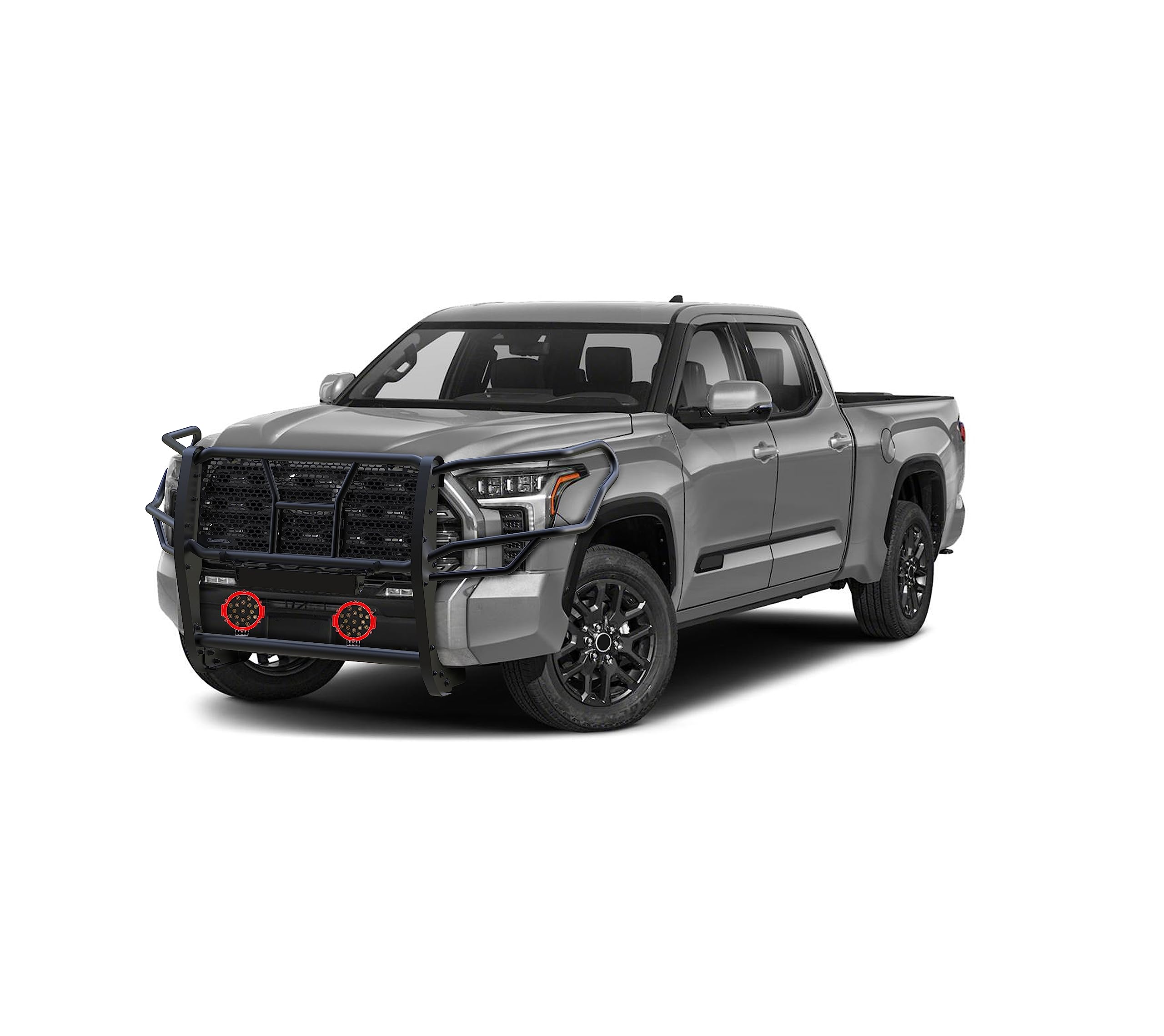 Heavy Duty Black Horse Rugged Grille Brush Bumper Guard Modular Come with Pair of 7.0" Dia.LED Lights with Red Trim Rings Compatible with 2022-2024 Toyota Tundra-RU-TOTU22-B-PLR