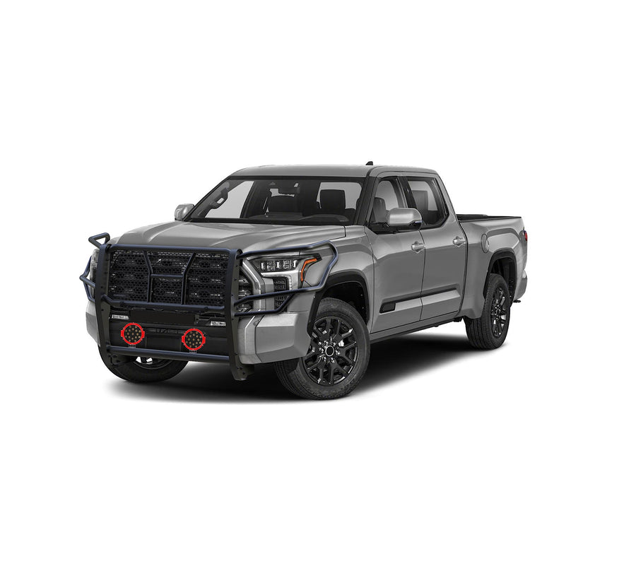 Heavy Duty Black Horse Rugged Grille Brush Bumper Guard Modular Come with Pair of 7.0" Dia.LED Lights with Red Trim Rings Compatible with 2022-2024 Toyota Tundra-RU-TOTU22-B-PLR
