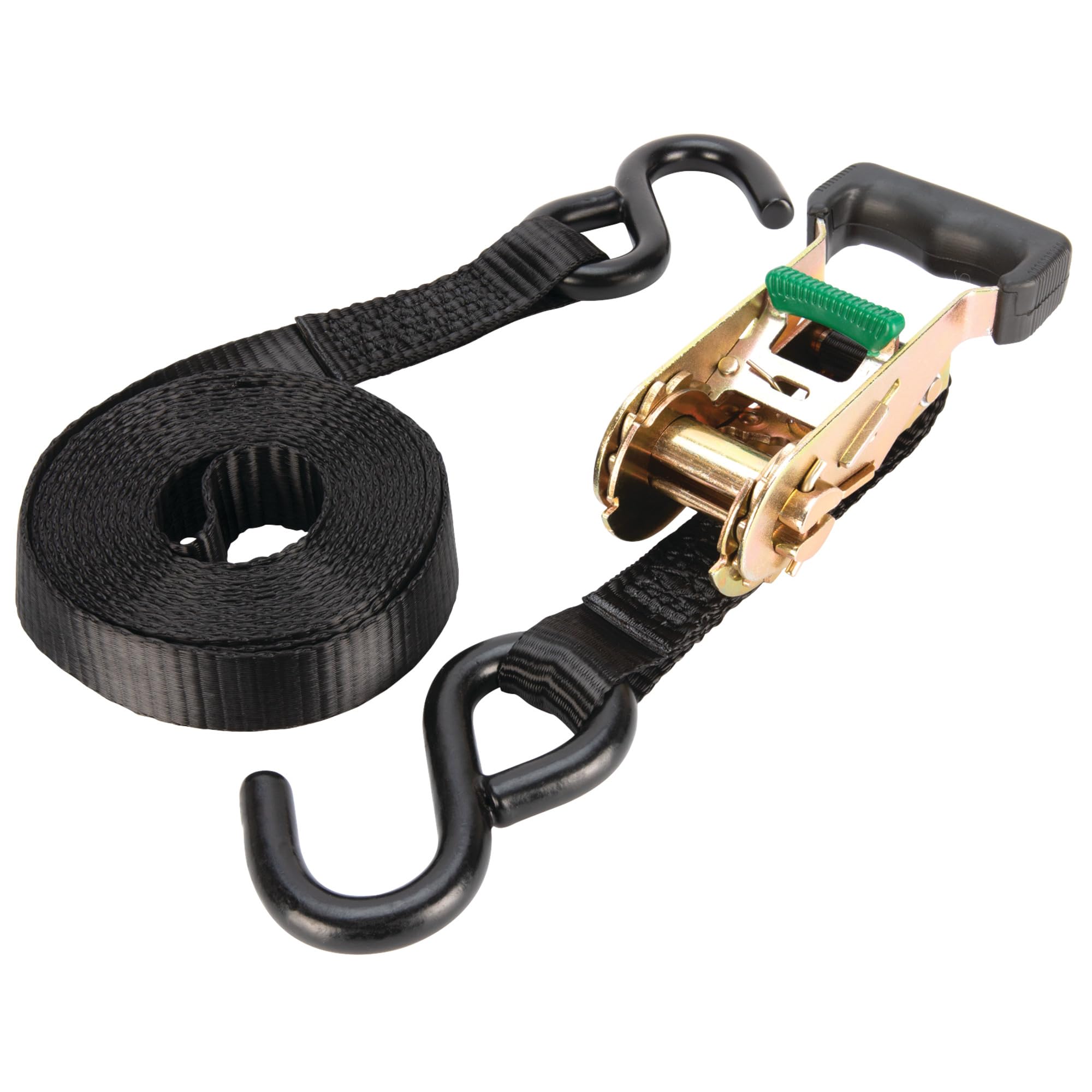 1-in X 14-ft Performance Tool W1856 Ratcheting Tie Down Strap: 1000 lb Load Limit, 3000 lb Break Strength, Strong Poly Webbing, Padded Comfort Ratchet Handle, Vinyl Hooks, Heavy Duty, Black