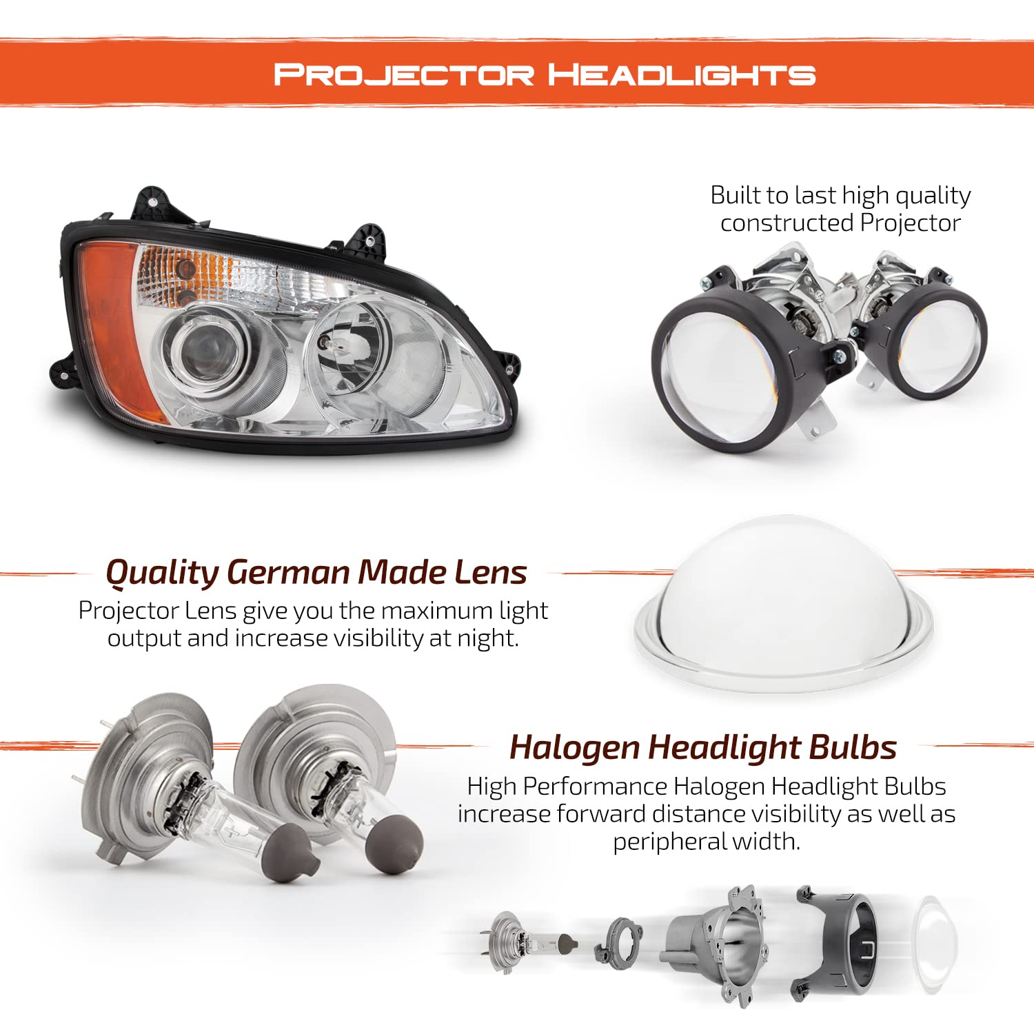 AKKON - Projector Headlights Fits 2008-2017 Kenworth T660 OE Style Chrome Housing Replacement- Passenger Right Side