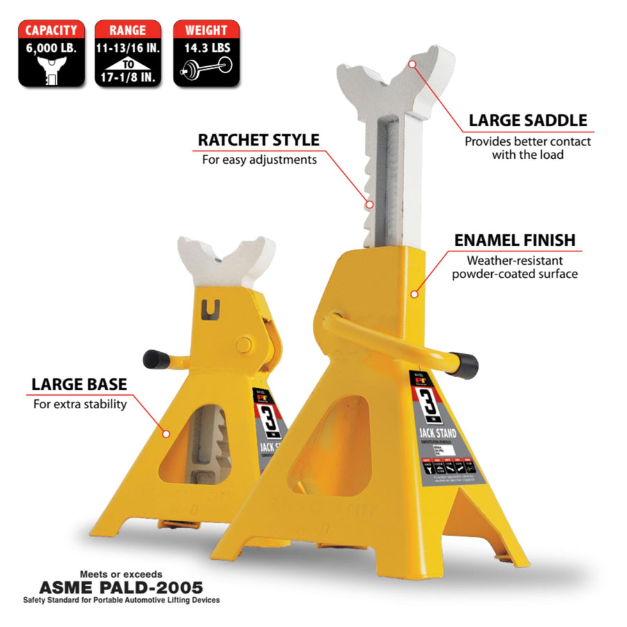 W41022 Performance Tool Ratchet Style Jack Stand Set for Lifting Vehicles During Maintenance, Yellow, 3-Ton