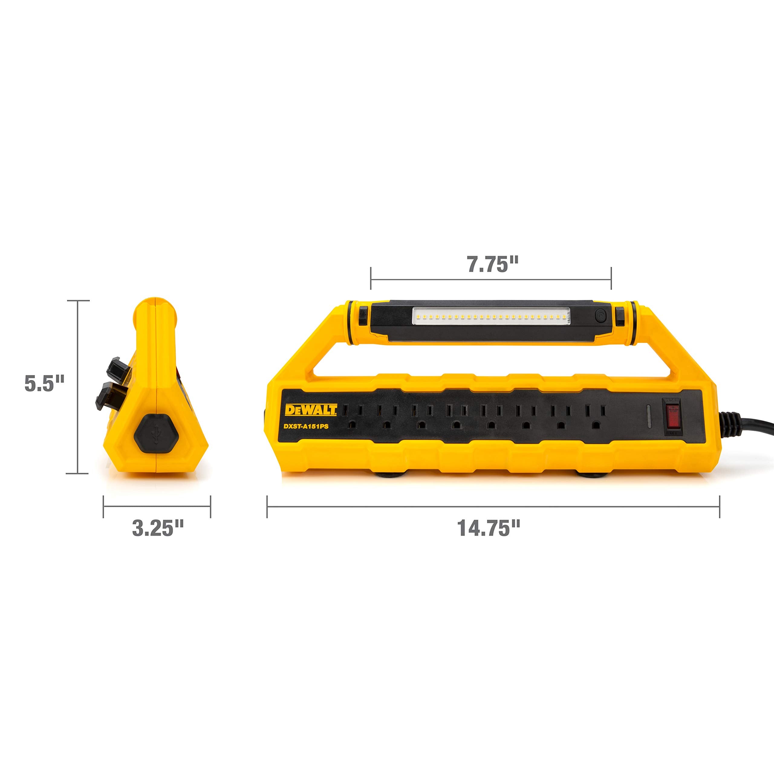 15-Amp Dewalt GFCI Power Station with Detachable Work Light and Cord Minder Kit, 8 Standard 3-Prong Outlets, 2 USB Ports