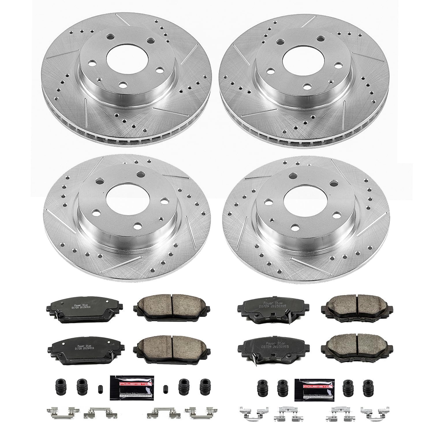 Power Stop K6972 Z23 Carbon Fiber Brake Pads Front and Rear with Drilled & Slotted Brake Rotors Kit For Mazda 3 2014-2016 [Model Specific]