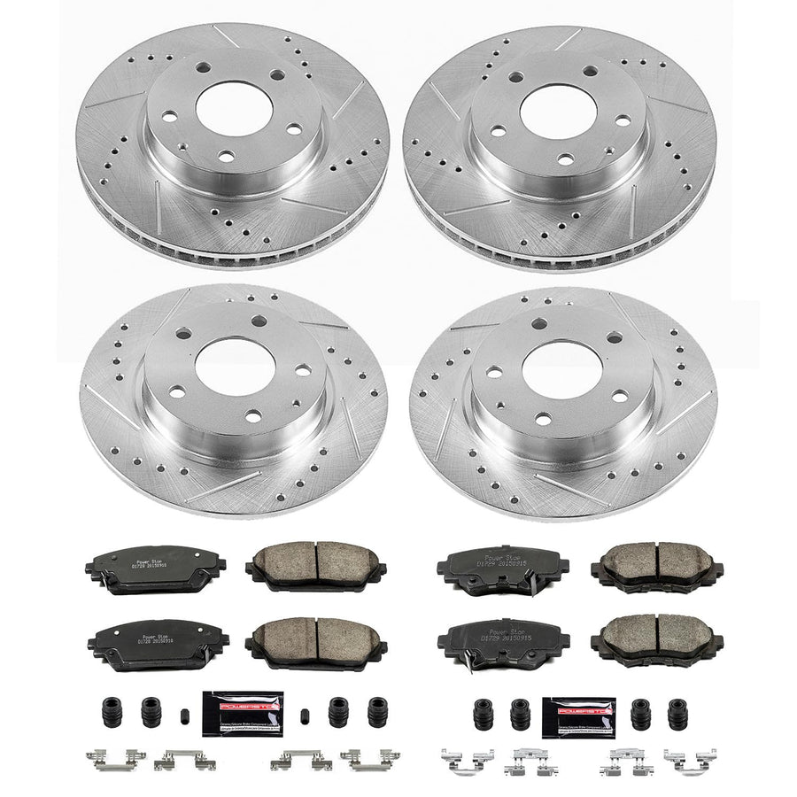 Power Stop K6972 Z23 Carbon Fiber Brake Pads Front and Rear with Drilled & Slotted Brake Rotors Kit For Mazda 3 2014-2016 [Model Specific]