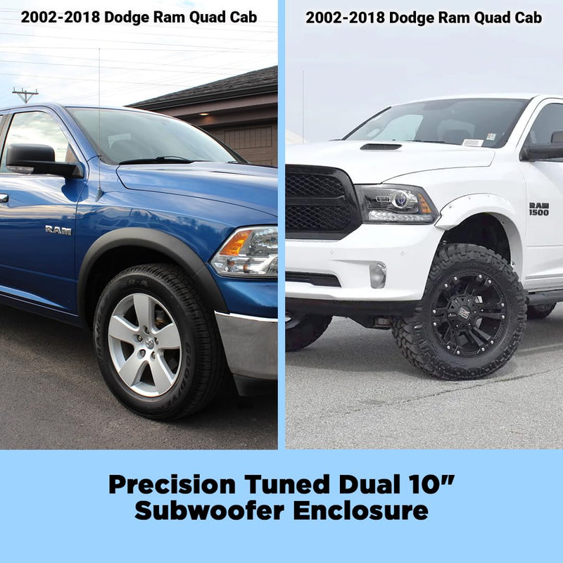Dual Bbox 10" Carpeted Ported Upfire Enclosure - Fits 2002-2018 Dodge Ram Quad Cab - Carpeted Car Subwoofer Boxes & Enclosures - Subwoofer Box Improves Audio Quality, Sound and Bass - Charcoal