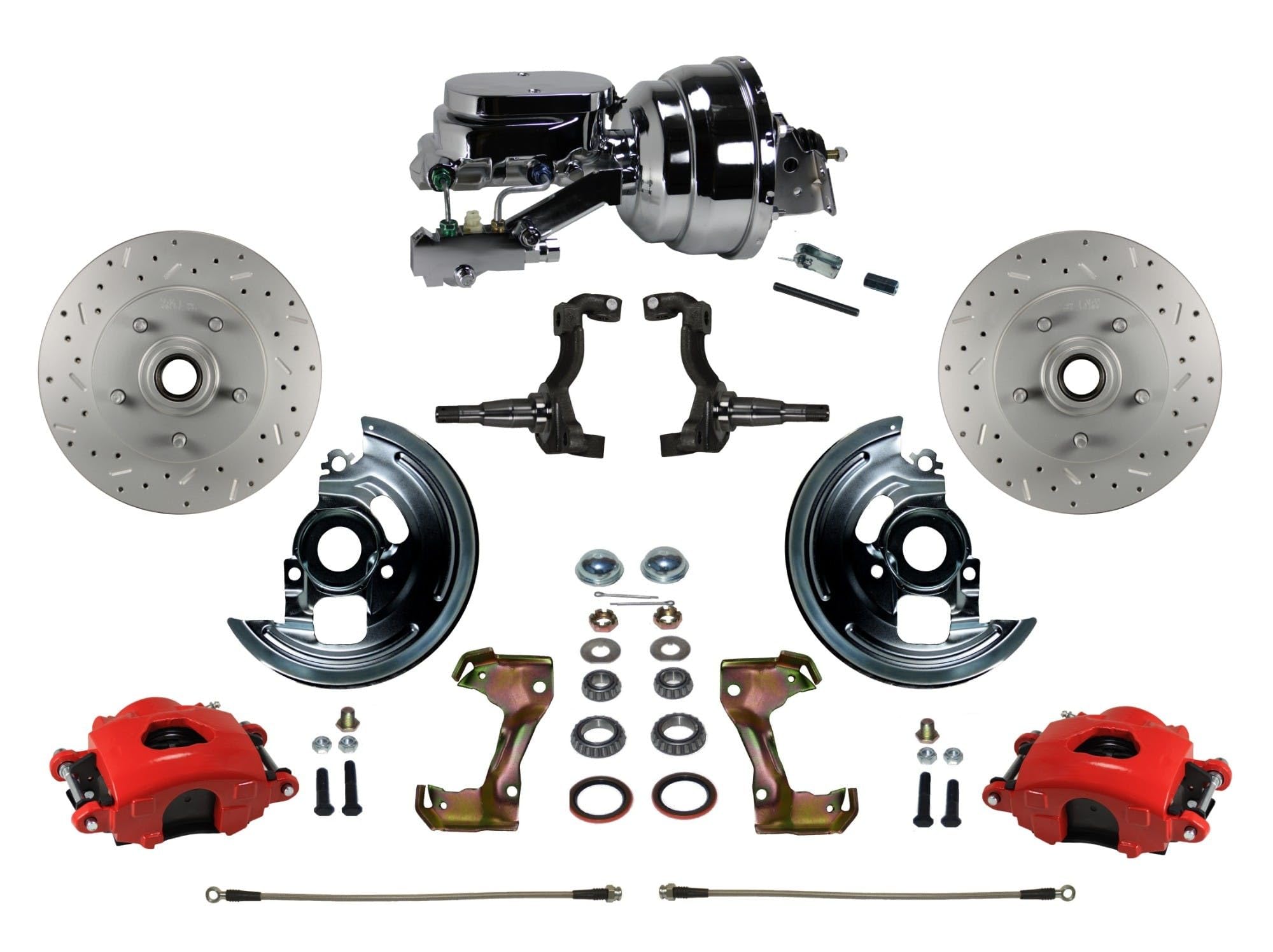 Power Front Disc Brake Kit LEED BRAKES Drilled And Slotted Rotors Red Powder Coated Calipers With 8" Dual Chrome Booster Disc/Drum