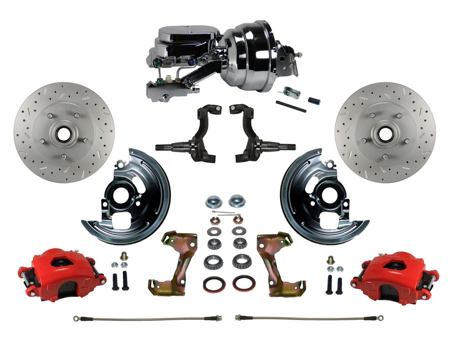 Power Front Disc Brake Kit LEED BRAKES Drilled And Slotted Rotors Red Powder Coated Calipers With 8" Dual Chrome Booster Disc/Drum