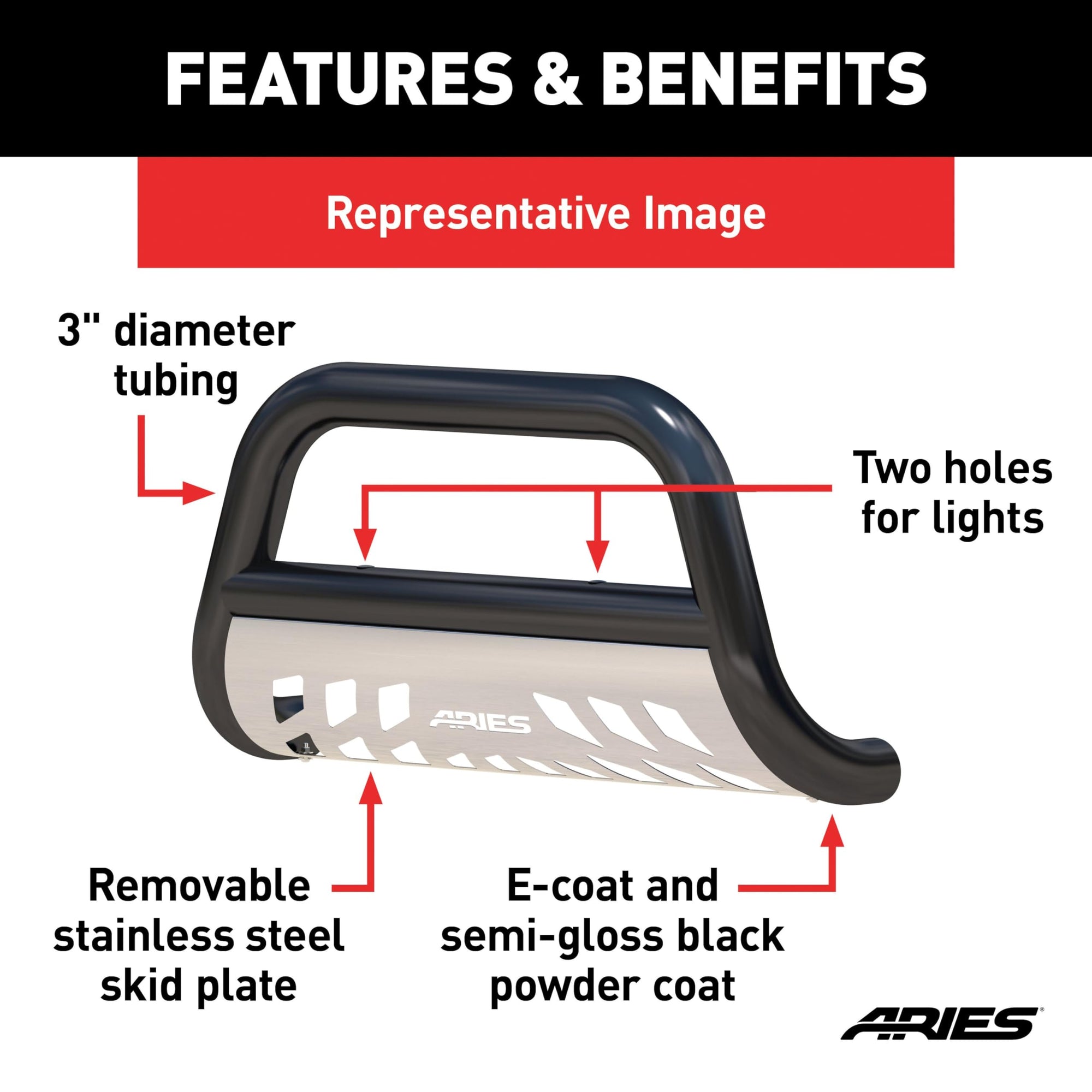 3-Inch ARIES Black Steel Bull Bar, No-Drill, Select Freightliner, Mercedes-Benz Sprinter 2500, 3500