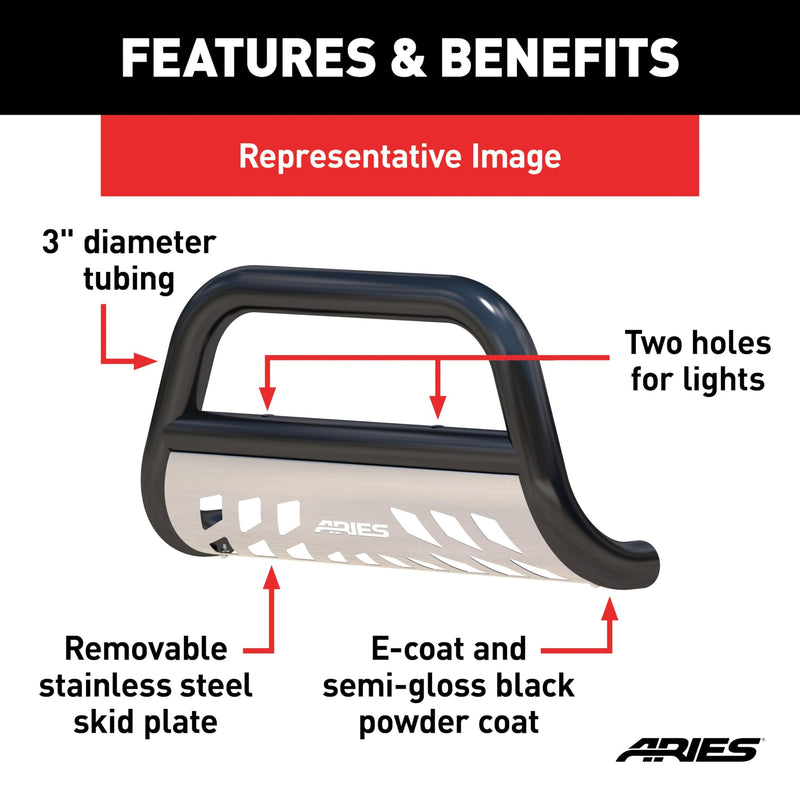 3-Inch ARIES Black Steel Bull Bar, No-Drill, Select Freightliner, Mercedes-Benz Sprinter 2500, 3500