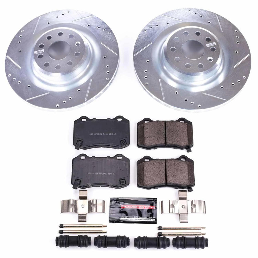 Rear Power Stop K6799 Z23 Carbon Fiber Brake Pads with Drilled & Slotted Brake Rotors Kit For Tesla S 2012-2021, Tesla X 2016-2021 [Model Specific]