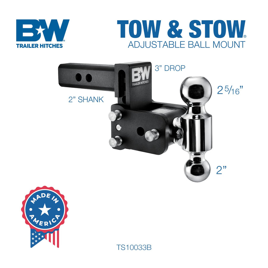 Tow & Stow B&W Trailer Hitches Adjustable Trailer Hitch Ball Mount - Fits 2" Receiver, Dual Ball (2" x 2-5/16"), 3" Drop, 10,000 GTW - TS10033B