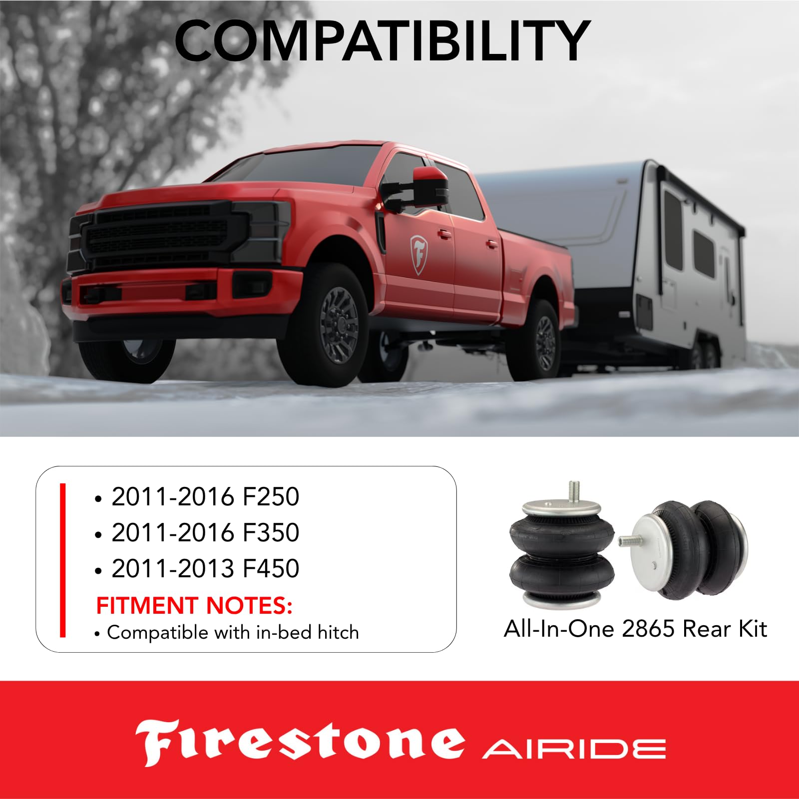 Firestone 2865 Airide All-In-One Analog Rear Air Spring Kit fits 2011-2016 F250 F350 & 2011-2013 F450 | Up to 5,000 lbs Load Capacity | 5-100 PSI | Easy Installation