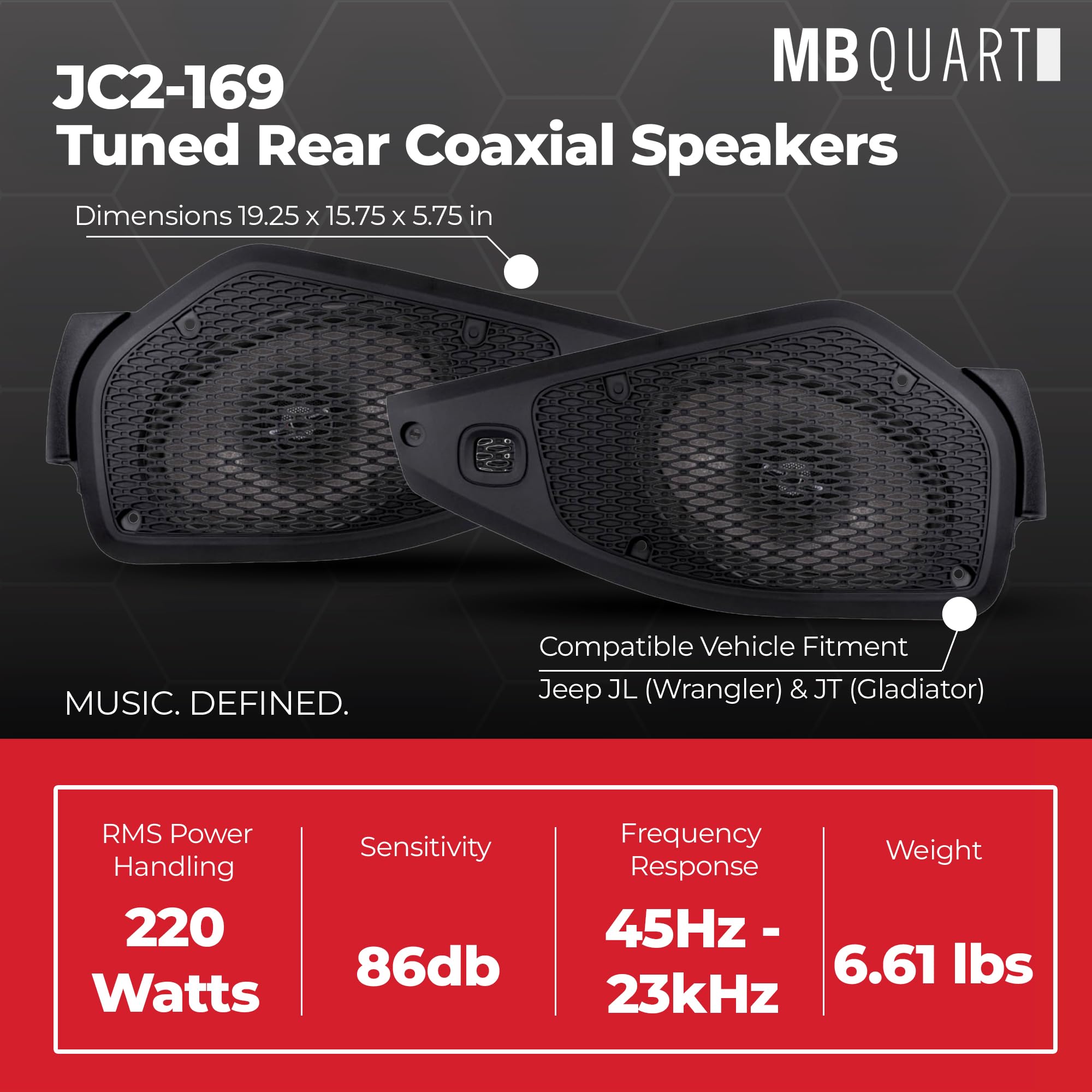 6x9" MB Quart Tuned Rear Coaxial Speakers Upgrade for Jeep Wrangler/Gladiator, with Magnesium Dome Tweeter with Detachable Phase Lens, 220W Peak Power