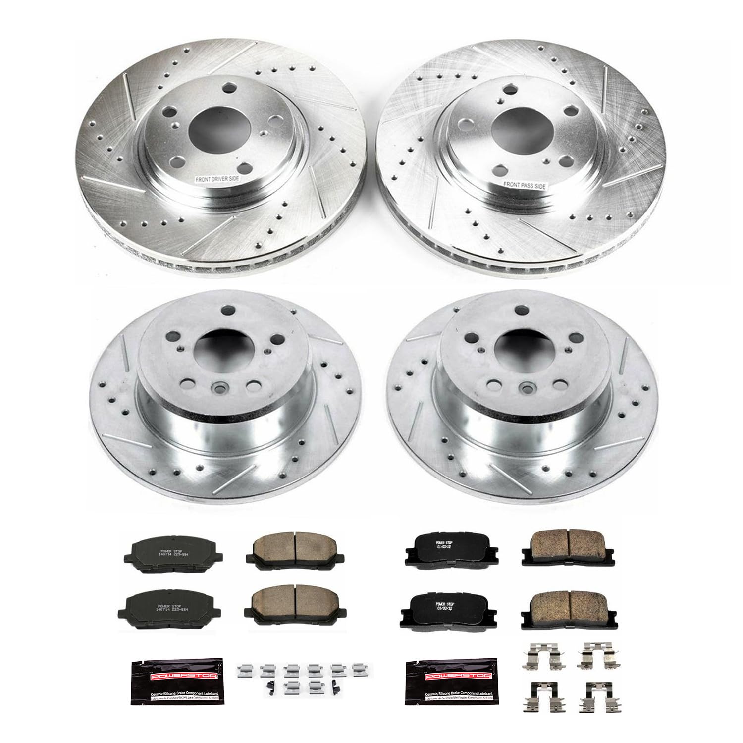 Power Stop K1139 Z23 Carbon Fiber Brake Pads Front and Rear with Drilled & Slotted Brake Rotors Kit For Toyota Highlander 2001-2003 [Model Specific]