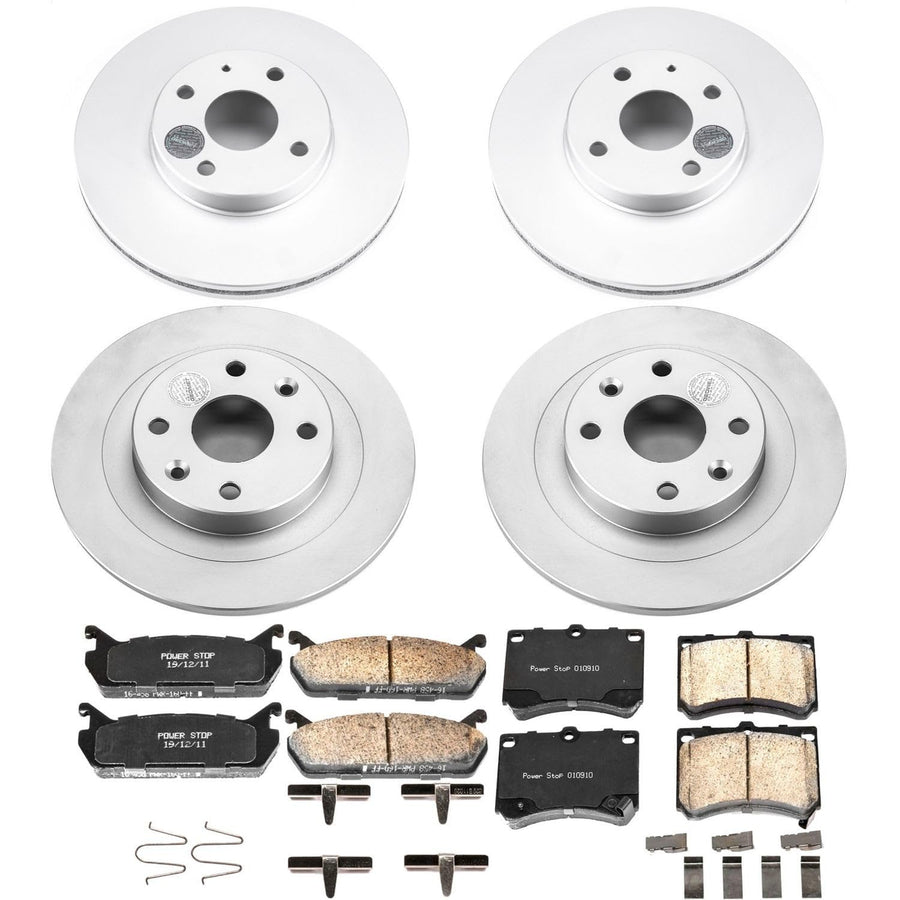 Power Stop CRK4238 Coated Brake Rotors and Z17 Front and Rear Brake Pads Kit For Ford Escort 1991-1996, Mazda Protege 1990-1994, Mercury Tracer 1991-1996 [Model Specific]
