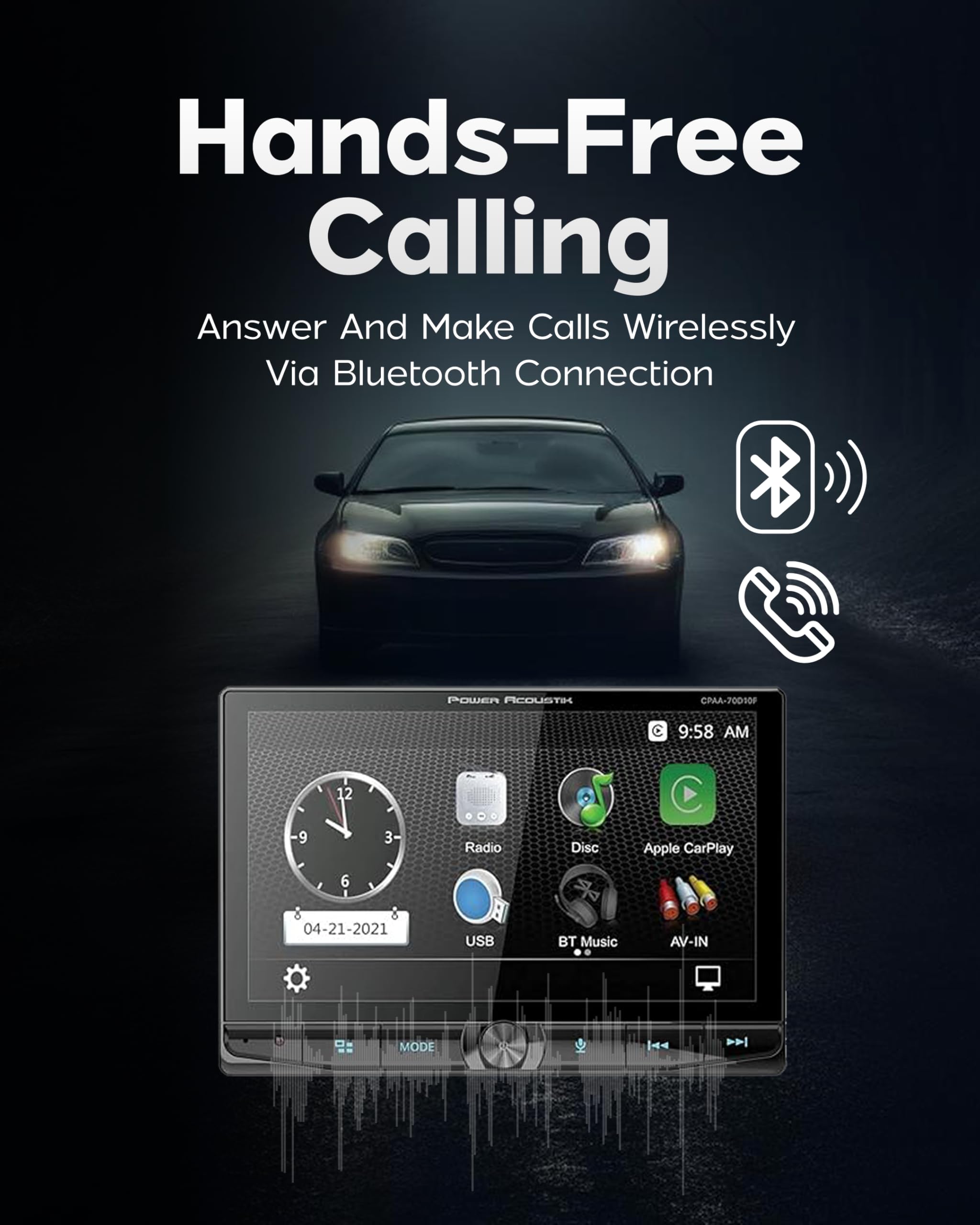 Car Stereo Power Acoustik CPAA-70D10F - Apple CarPlay & Android Auto Head Unit, 10.6" Floating Double DIN Touchscreen Car Stereo with Bluetooth, Aux Input, USB, SD, AM/FM Receiver, CD DVD Player