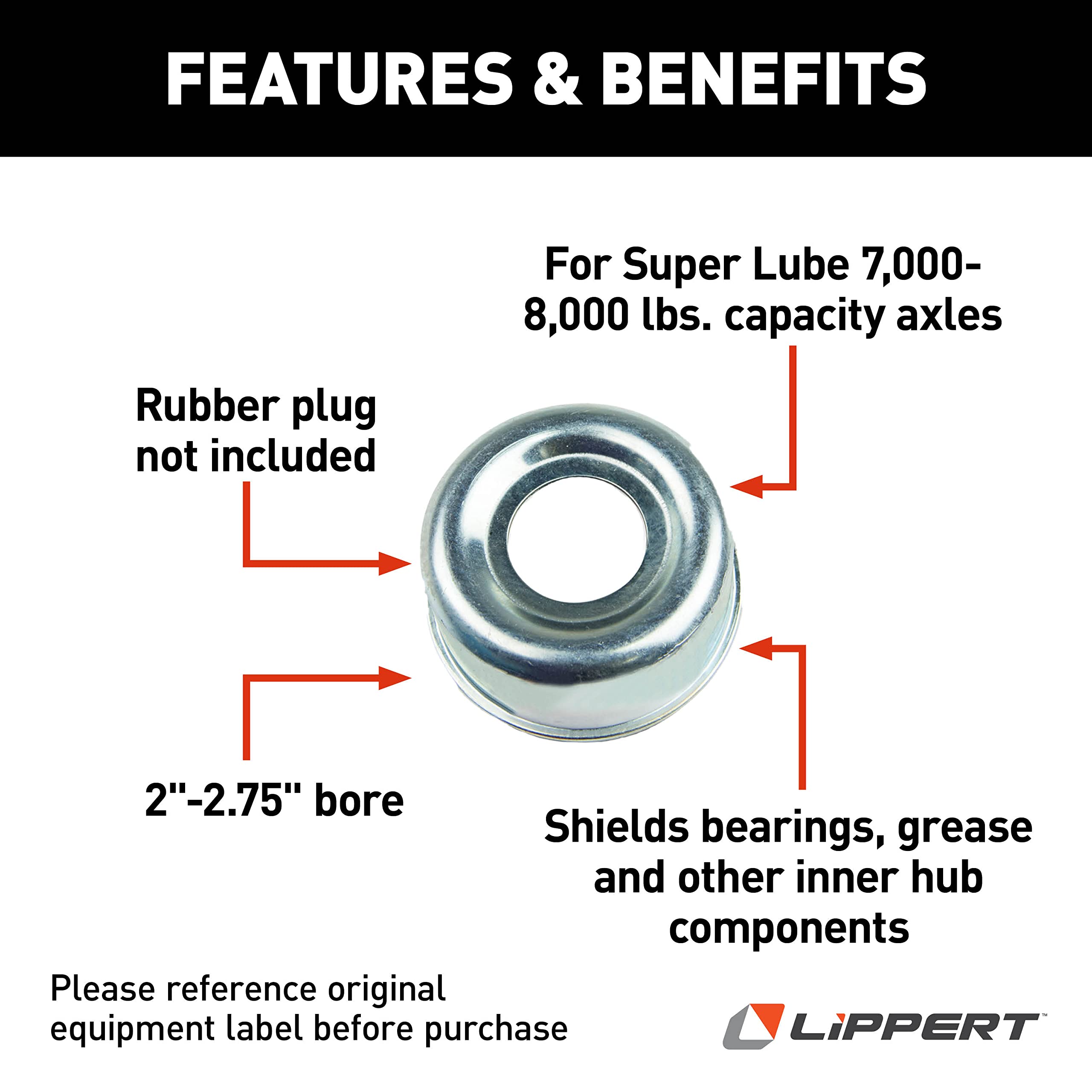 Lippert Super Lube Replacement Axle Hub Dust Cap for 7,000 to 8,000-lb. RV Trailer Axles, 2"-2.75" Bore, Protects Bearings, Grease and Other Inner Components - DC 275L