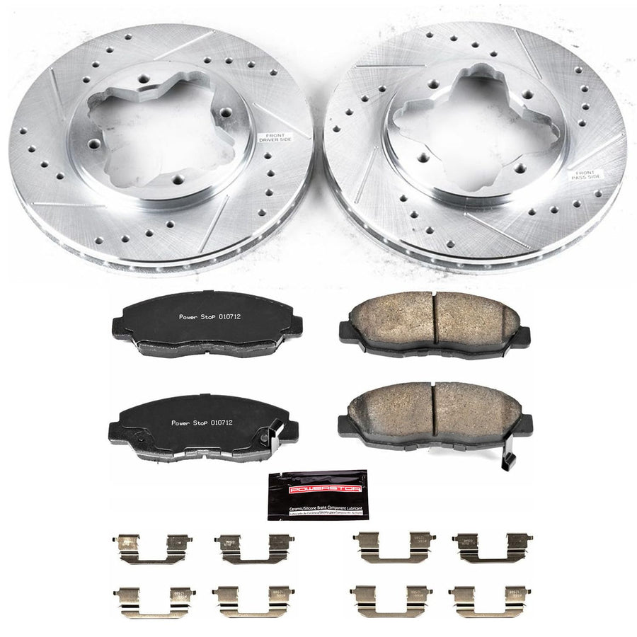Power Stop K697 Z23 Carbon Fiber Brake Pads with Drilled & Slotted Brake Rotors Kit For Acura CL 1997, Honda Accord 1990-1997 [Model Specific]