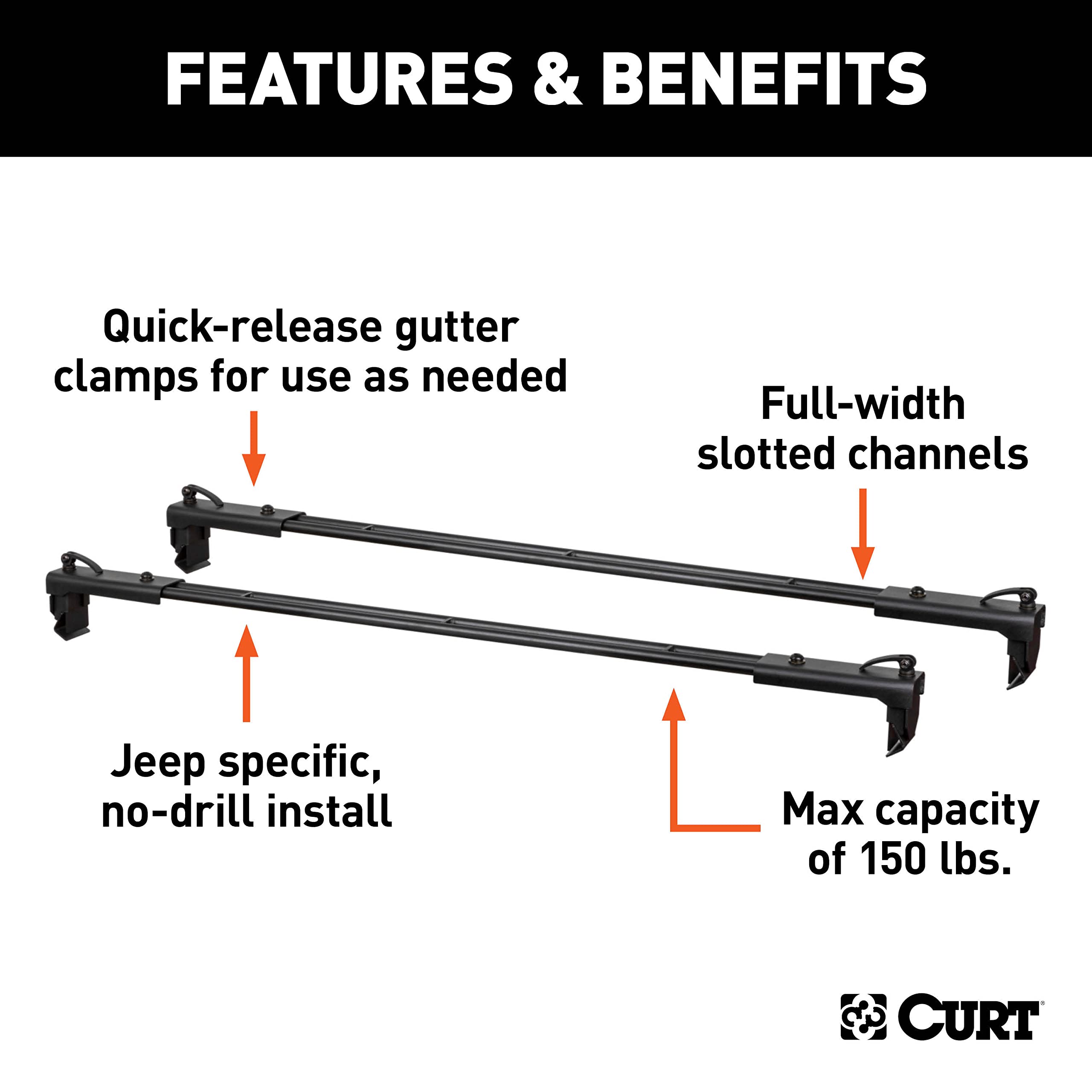 CURT Black Steel Quick-Release Roof Rack Crossbars, Fits Select Jeep Wrangler JK 18119