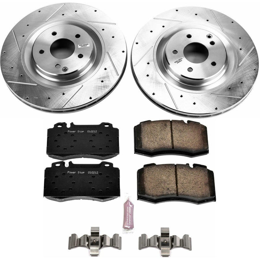 Power Stop K6205 Z23 Carbon Fiber Brake Pads Front with Drilled & Slotted Brake Rotors Kit For Mercedes-Benz C32 AMG 2002-2004 [Model Specific]