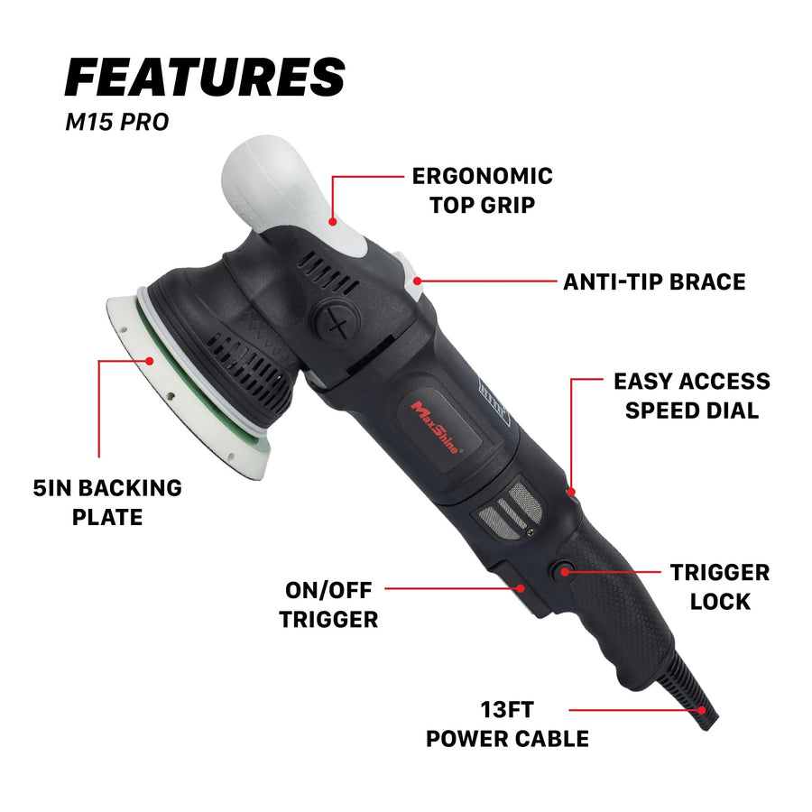 M15 Pro Maxshine Dual Action Polisher | 15mm Throw, 5” Backing Plate, 1000W Motor | Variable Speed, Ergonomic Grip, Low Vibration | Auto, Boat & Marine Detailing Buffer for Paint Correction