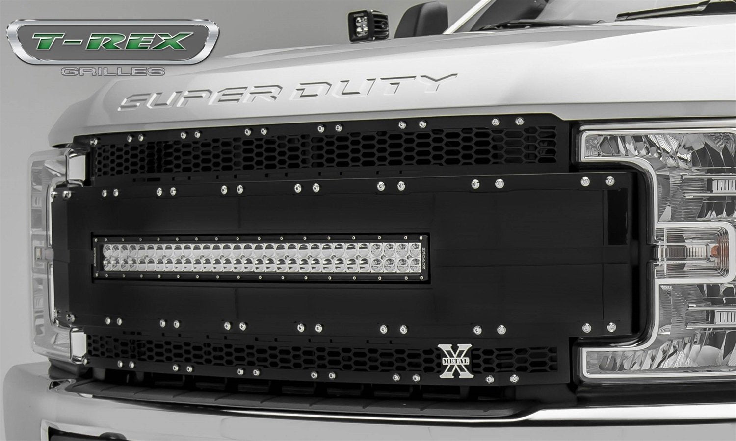 T-Rex Grilles Torch AL Grille 2017-2019 Super Duty, Black Mesh and Trim, 1 Pc, Replacement, Chrome Studs with (1) 30" LED, Fits Vehicles with Camera - PN #6315491