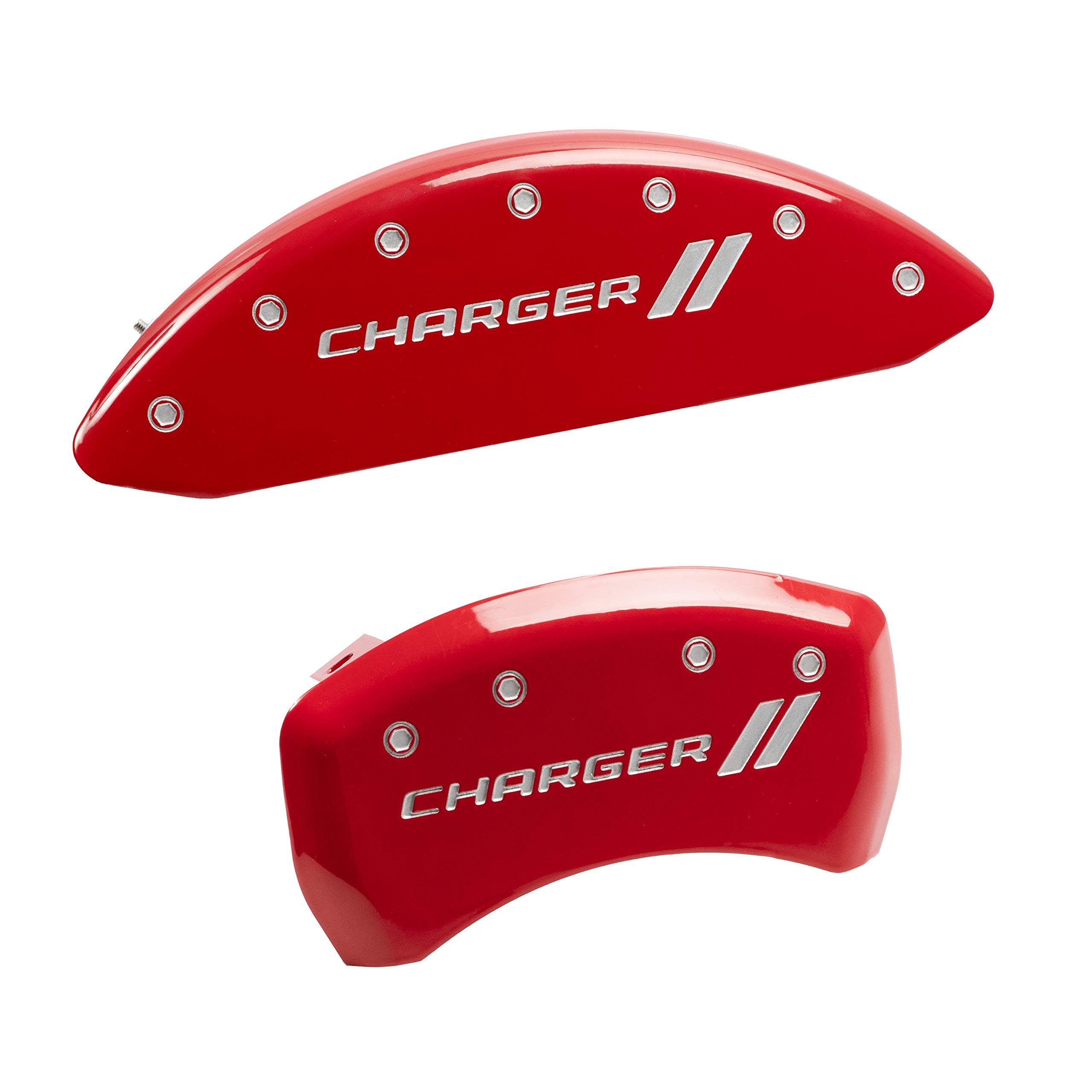 Brake Caliper Covers for 2011-2023 Dodge Challenger & 2011-2023 Dodge Charger - MGP Caliper Covers (Requires Dual Piston Front Caliper) Front and Rear Set - Engraved R/T Truck Logo (Red)