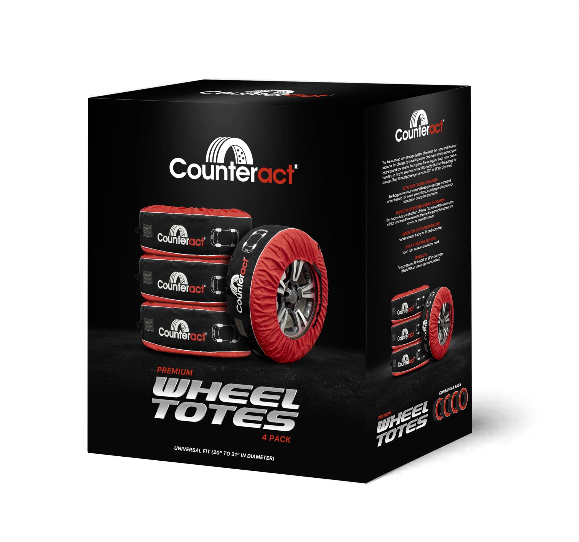 CBB-WT Counteract Wheel Totes - 4 Pack - Black Oxford Fabric 600D & Red Oxford Fabric - Size L (20-31") - Handlebar - Window Card - Tire Identifying Image