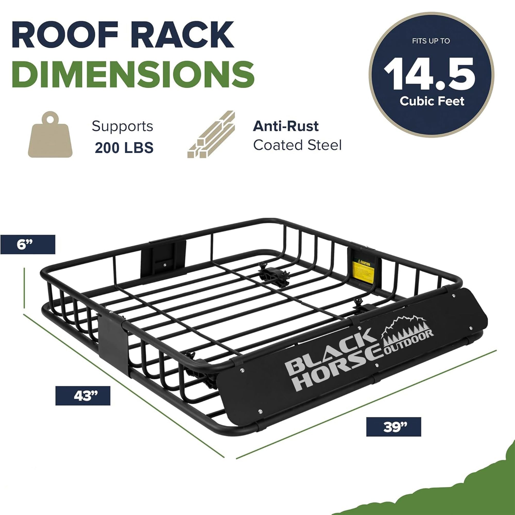 43"x39"x6" Black Horse Outdoor Voyager Roof Top Cargo Basket, Heavy Duty Weather Resistant Luggage & Camping Gear Storage for Car, Truck or SUV Transport, 200 lbs Capacity - BHODBA4339