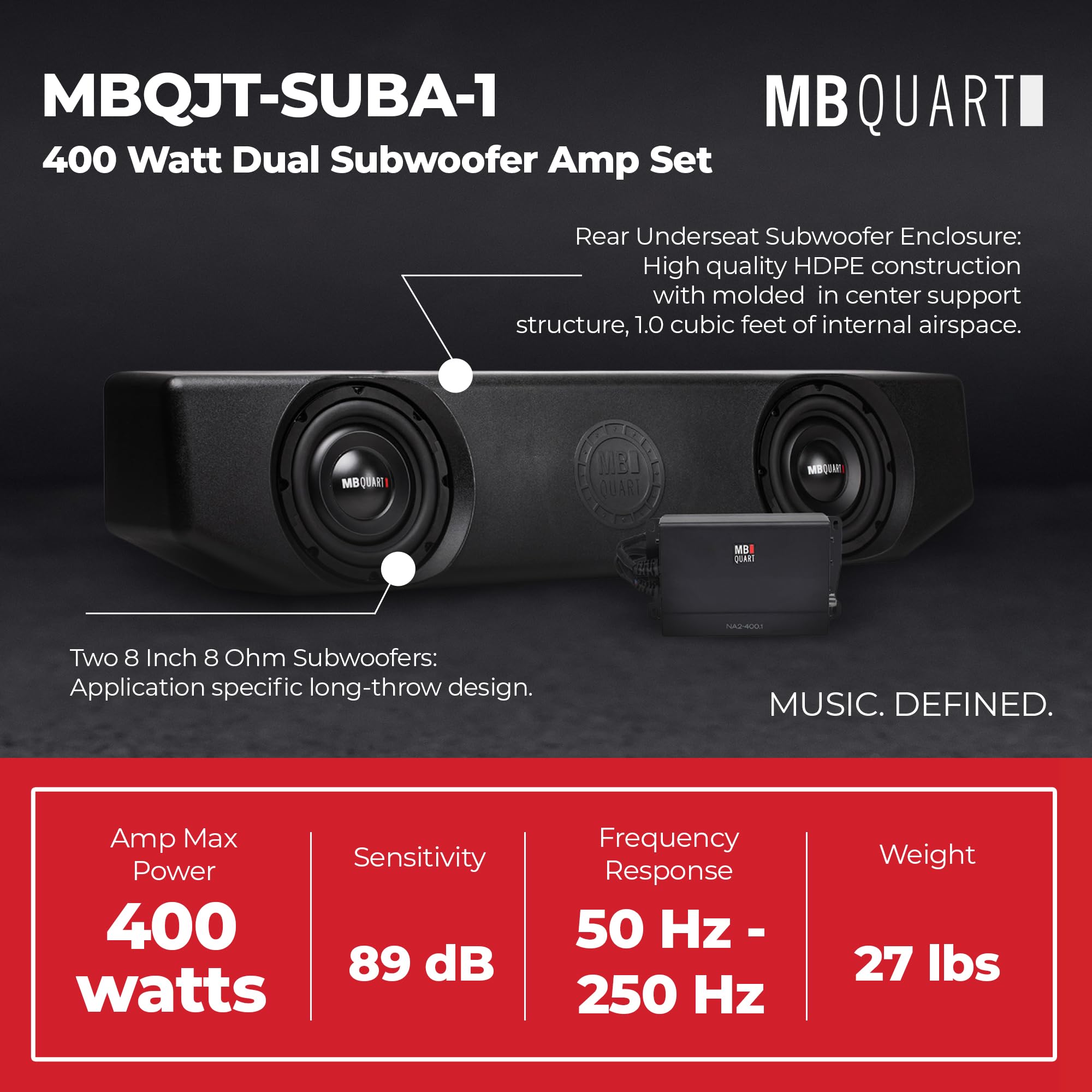 Tuned Dual MB Quart 8 Inch Subwoofer System Compatible with Jeep Gladiator, Wiring, Enclosure, and 400 Watt Amplifier, MBQJT-SUBA-1