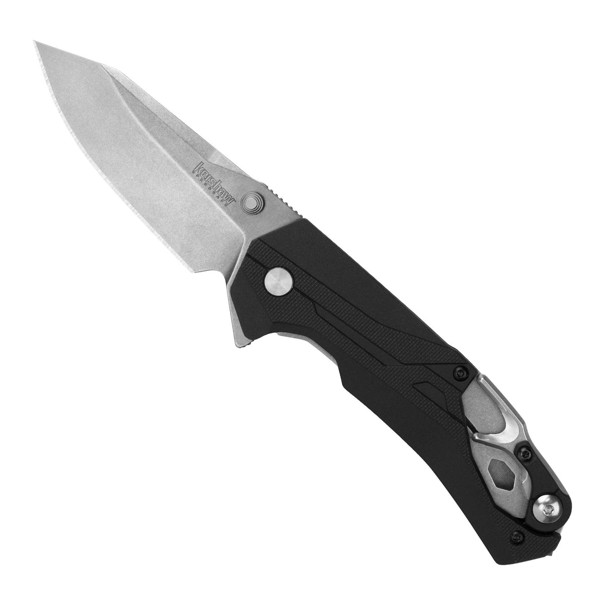 Kershaw Drop Point Drivetrain Pocket Knife, 3.2-in. Blade, SpeedSafe Opening, Frame Lock, Seatbelt Cutter (8655), Black