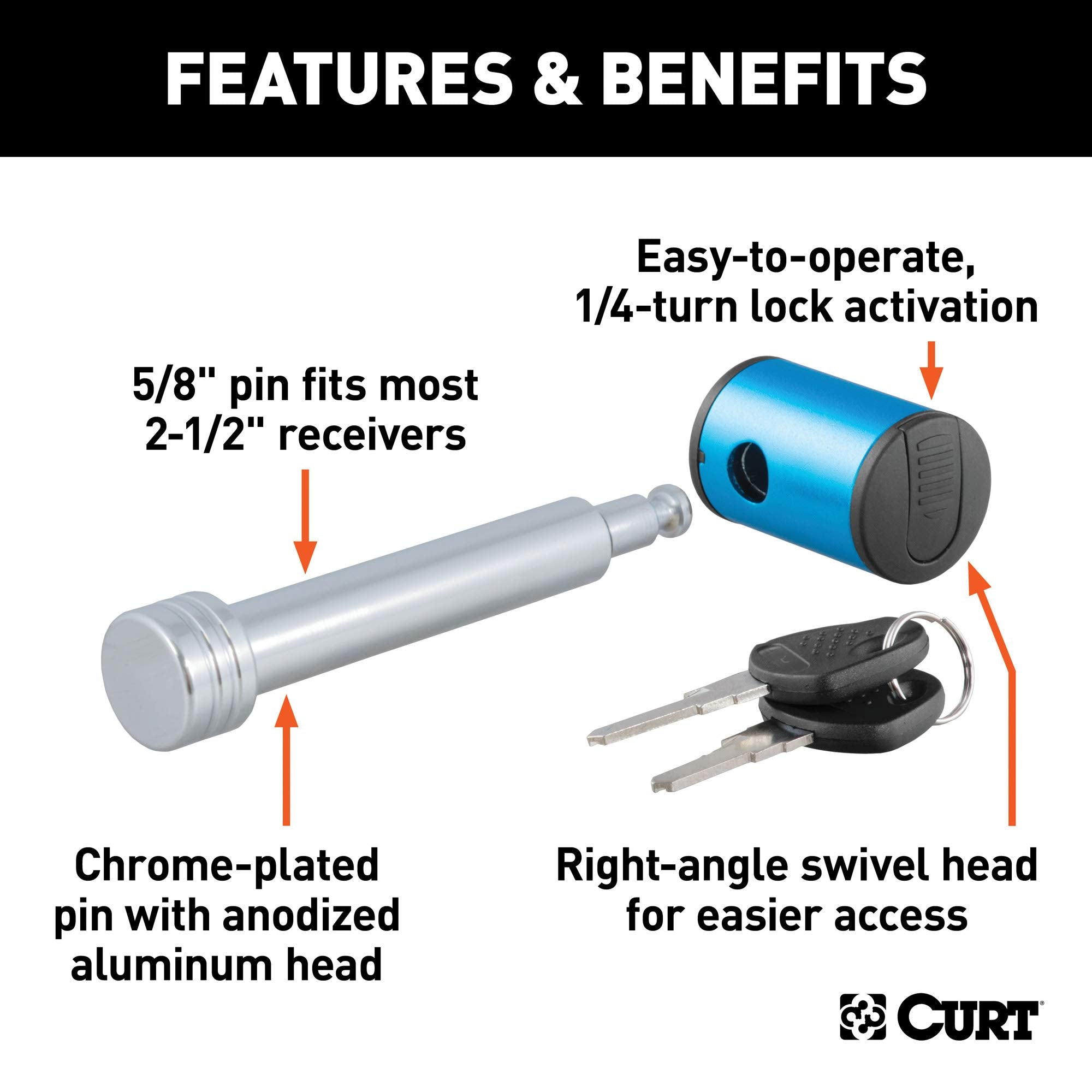 CURT Right-Angle Trailer Hitch Lock, 5/8-Inch Pin Diameter, Fits 2 or 2-1/2-Inch Receiver