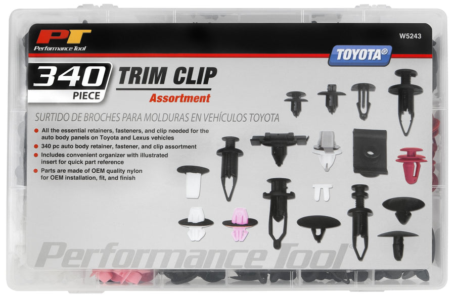 W5243 Performance Tool 340pc Trim Clips for Toyota & Lexus | Trim Clips for Doors, Bumpers, Paneling & More | Most Popular Sizes for Toyota & Lexus | Case & Picture Insert for Quick Part Identification