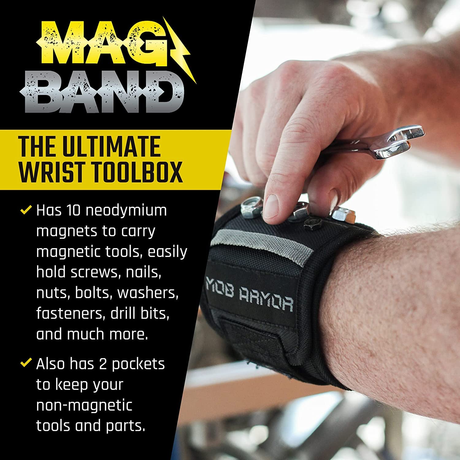 Mag Band Mob Armor Magnetic Wrist Tool Holder - Magnetic Wristband for Holding Screws, Nails, Fasteners, and More, Magnetic Wristband for Mechanic, Handyman, Electrician, Tech Geek, 13" x 3.25"