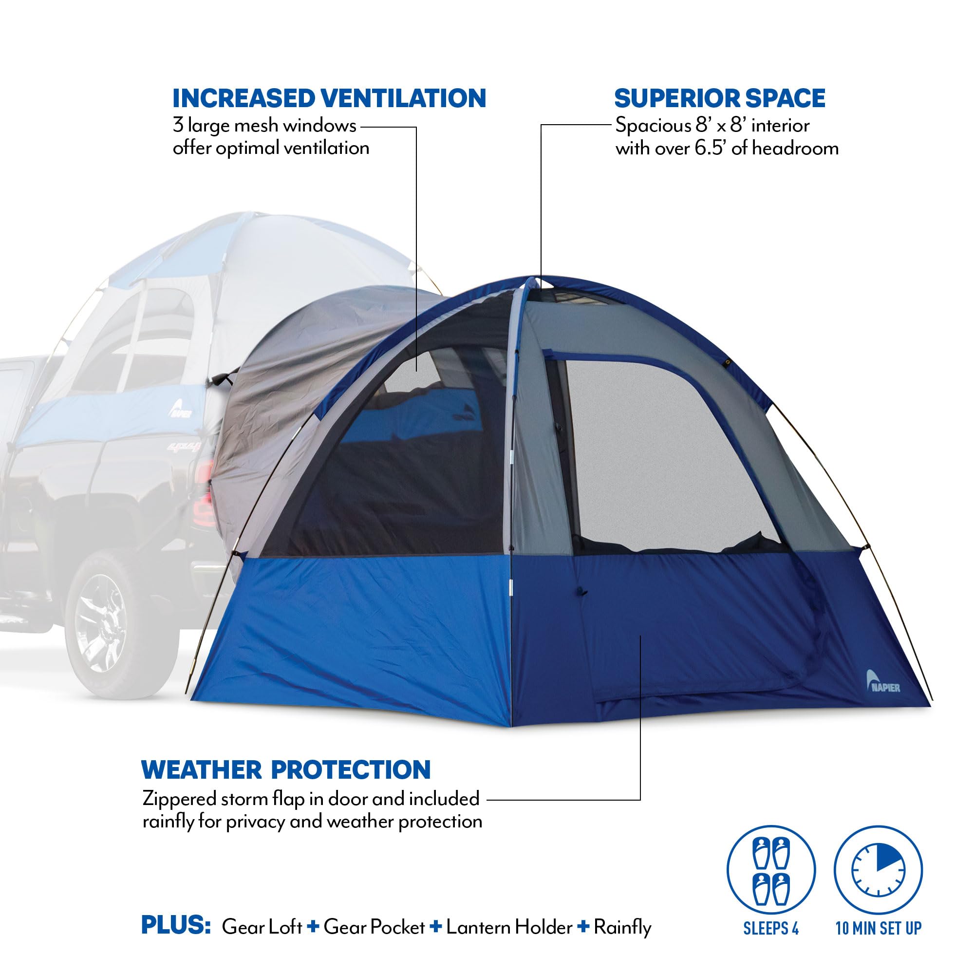 Sportz Link Napier Portable 4 Person Truck Bed Attachment Outdoor Camping Tent with Convenient Carry Bag, Blue (Trunk Tent Not Included)