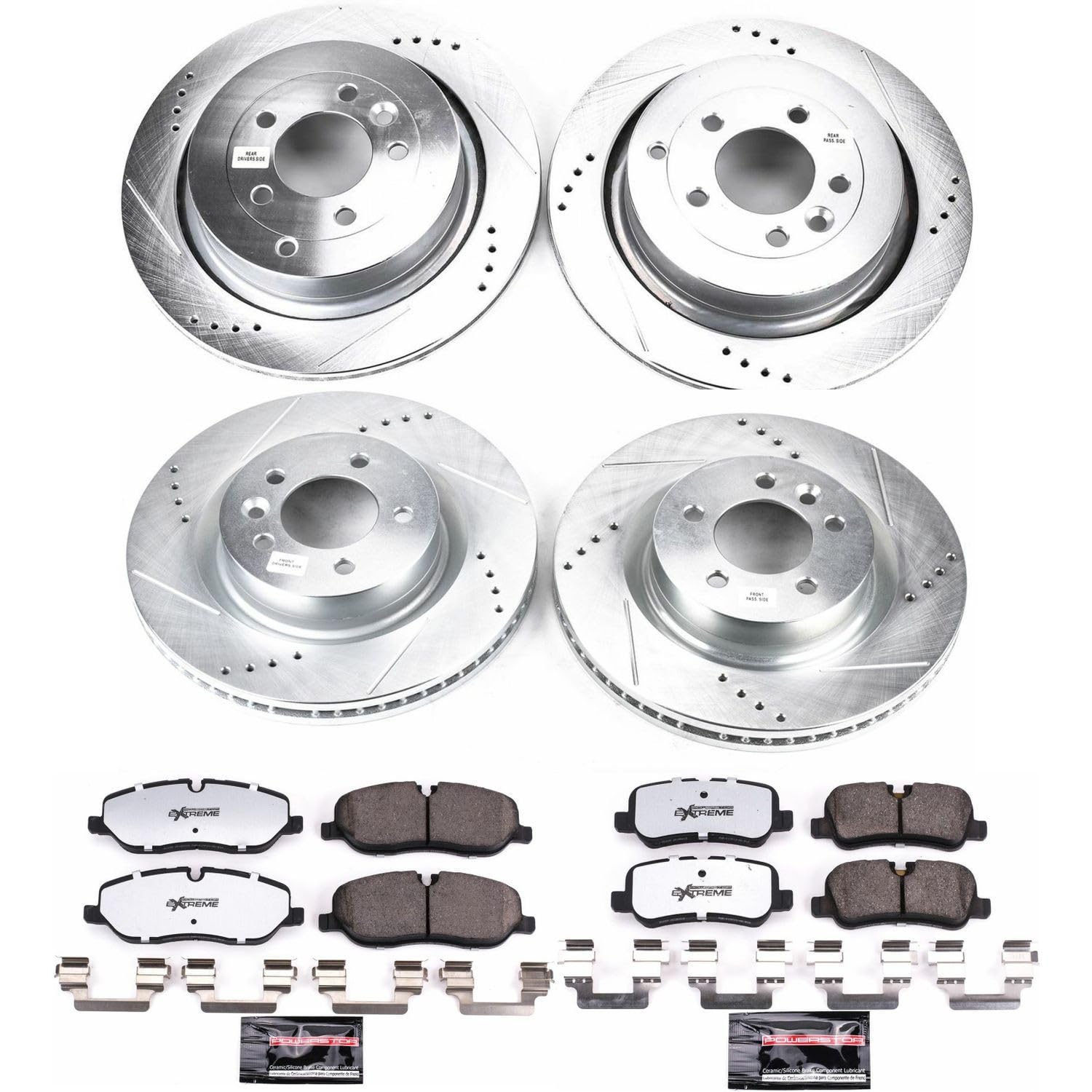 Power Stop Brake Kit Front and Rear For 2005 2006 2007 2008 2009 Land Rover LR3 - Truck & Tow Carbon Fiber Ceramic Pads & Drilled and Slotted Rotors Replacement, K4059-36