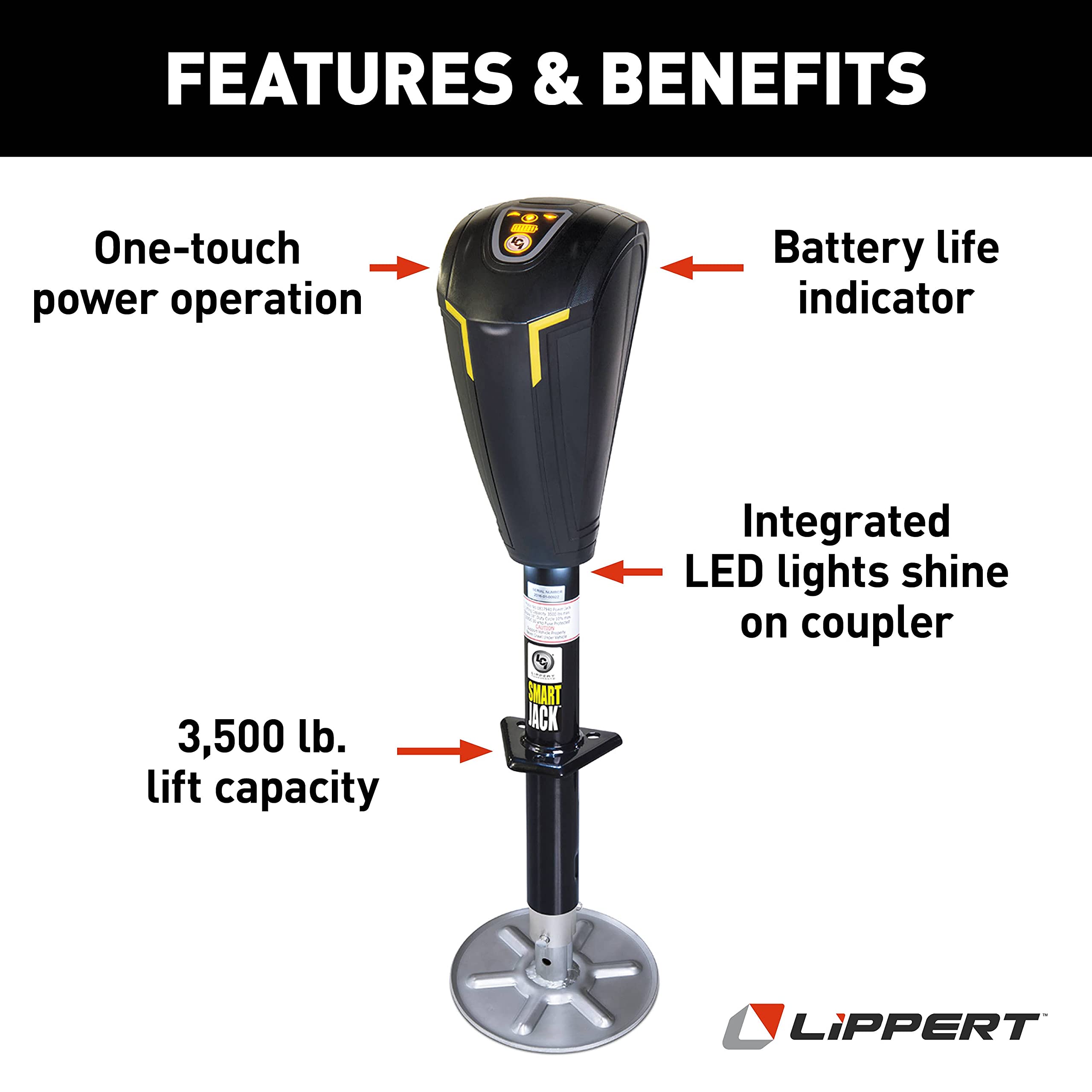 Lippert Smart Jack One-Touch Automatic Power Electric A-Frame Trailer Tongue, 3,500 lbs. Auto-Hitch Memory, Integrated LED Lights, Backlit Controls, Battery Indicator, Quiet - 643589