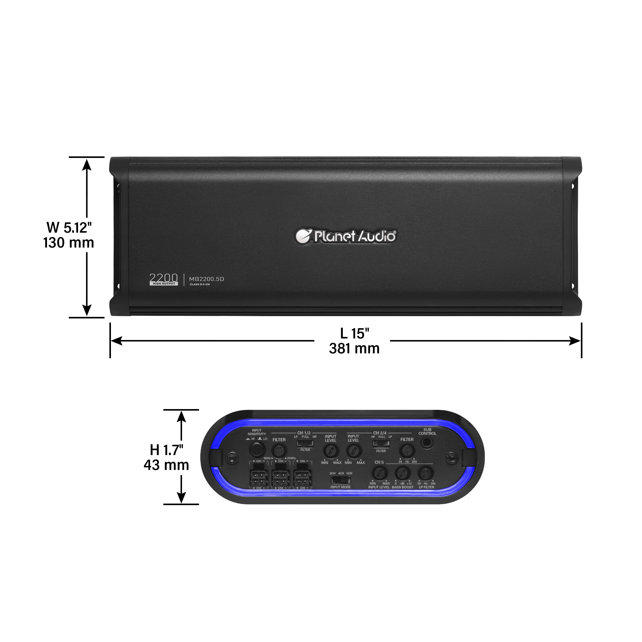 5 Channel Planet Audio MB2200.5D Car Amplifier - 2200 High Output, 2-8 Ohm Stable, Low/High Level Inputs, Low/High Pass Crossover, Bass for Subwoofer