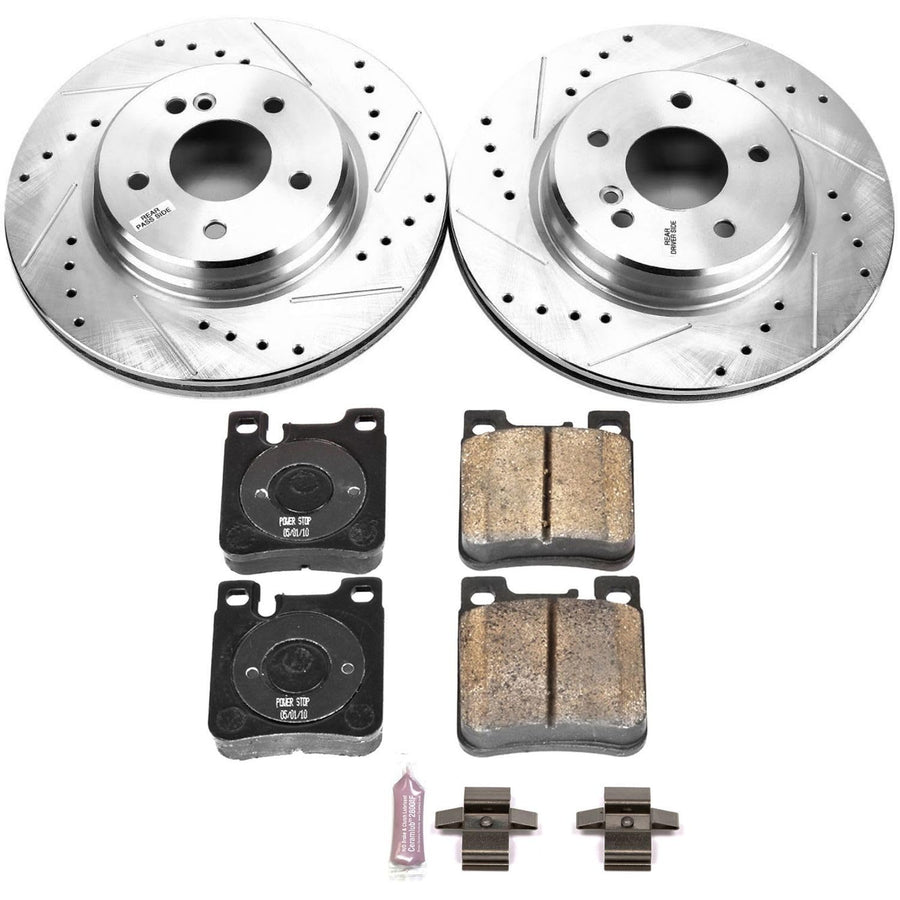 Power Stop K6717 Rear Brake Pads Z23 Carbon Fiber with Drilled & Slotted Brake Rotors Kit For Mercedes-Benz E55 AMG 1999-2002 [Model Specific]