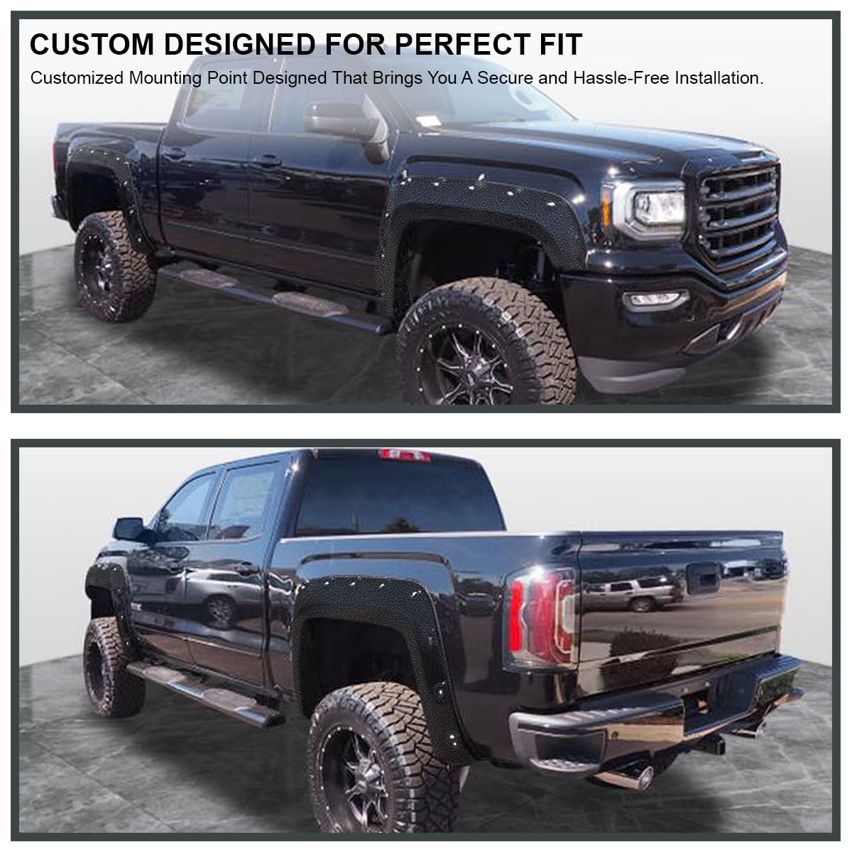 4PC Spec-D Tuning Front + Rear Matte Black Rough Textured Pocket Rivet Fender Flares Compatible with GMC Sierra 1500 2016-2018