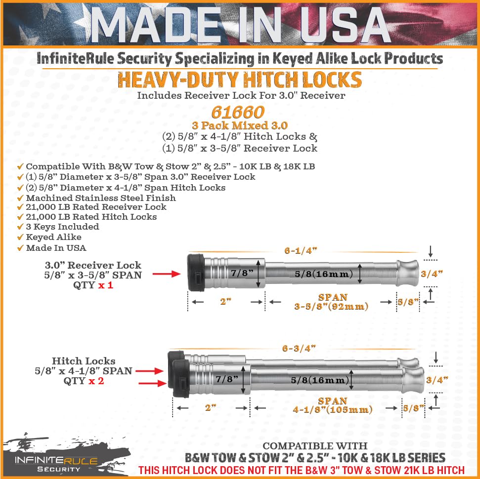 Security InfiniteRule 61660 | 3 Pack Mixed 3.0, Keyed Alike, Hitch Locks for B&W 2" & 2.5" Tow and Stow 10K LB & 18K LB - Includes Lock for 3.0" Receiver