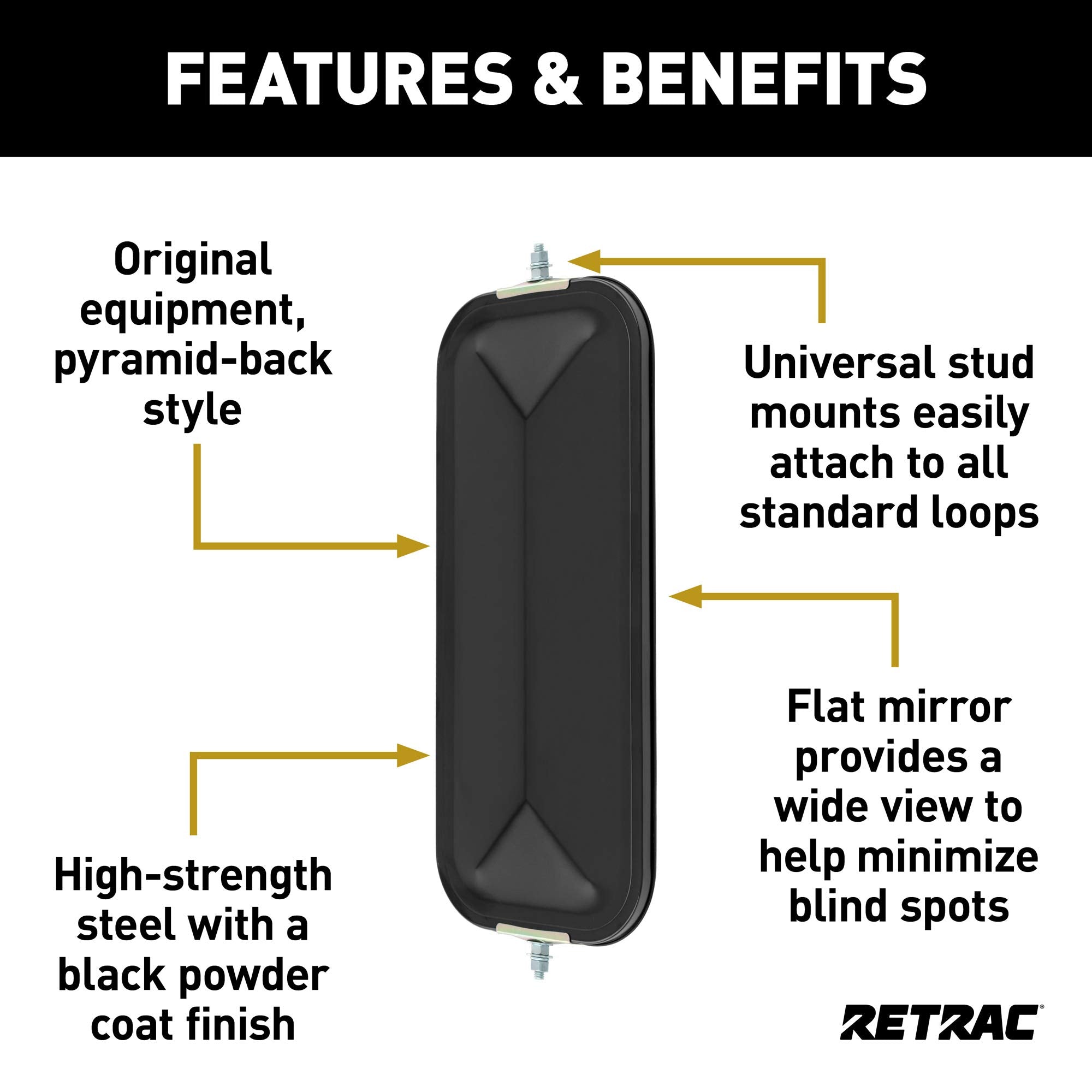 7 x 16-Inch RETRAC Black Steel Pyramid-Back West Coast Mirror Head, Universal Driver or Passenger Side