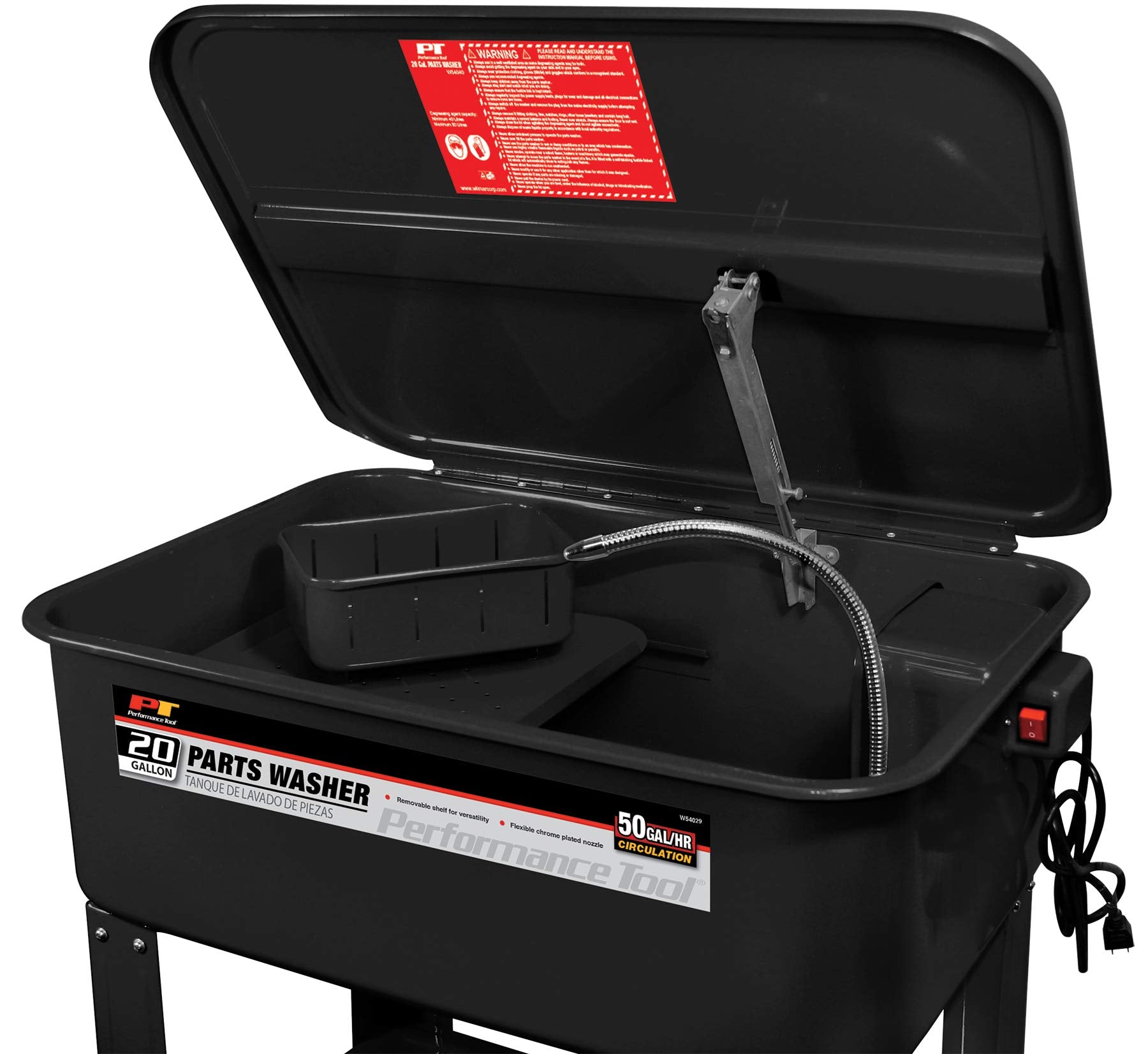 20 Gallon Performance Tool W54029 Parts Washer Station with High-Flow Pump and Safety Lid for Safe Cleaning of Parts and Tools