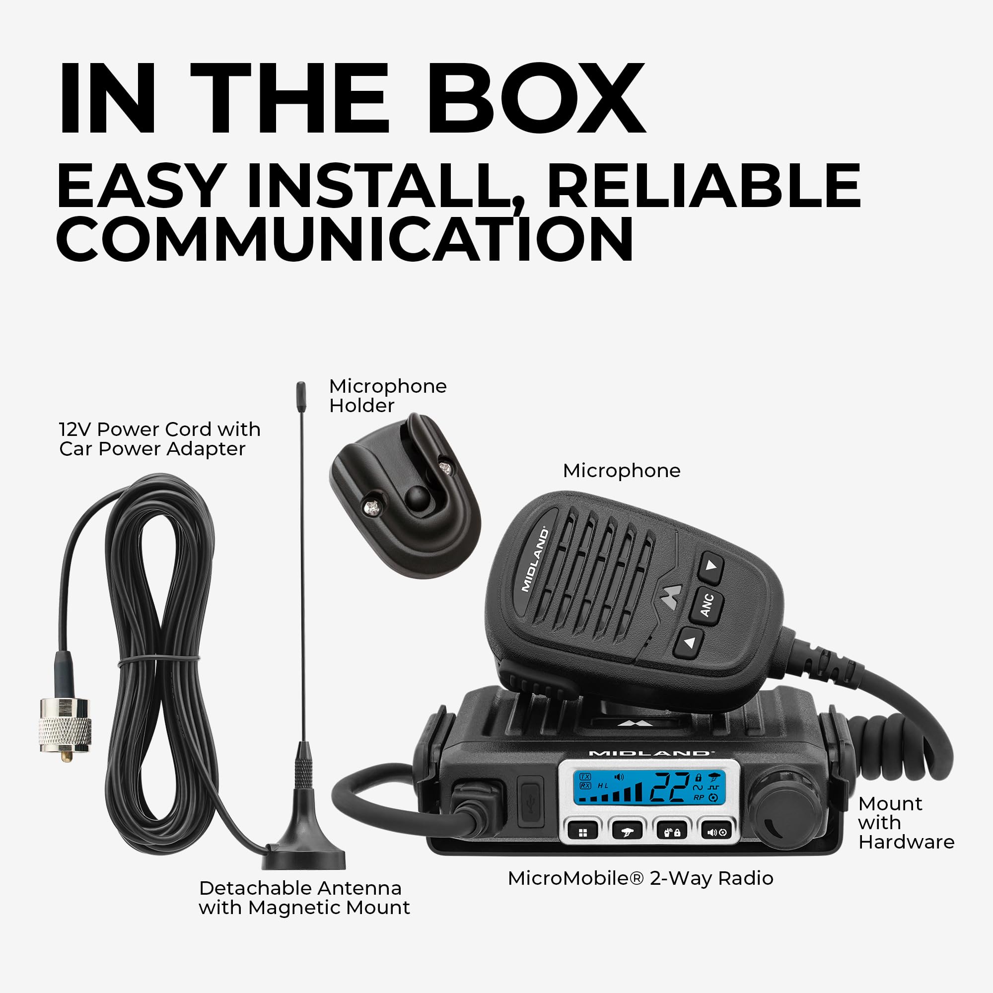 MXT115 – Midland - 15 Watt GMRS MicroMobile Two Way Trails Radio - Off Roading Outdoor RZR Farm - 8 Repeater Channels Extended Range - External Magnetic Mount Antenna - NOAA Weather Alerts