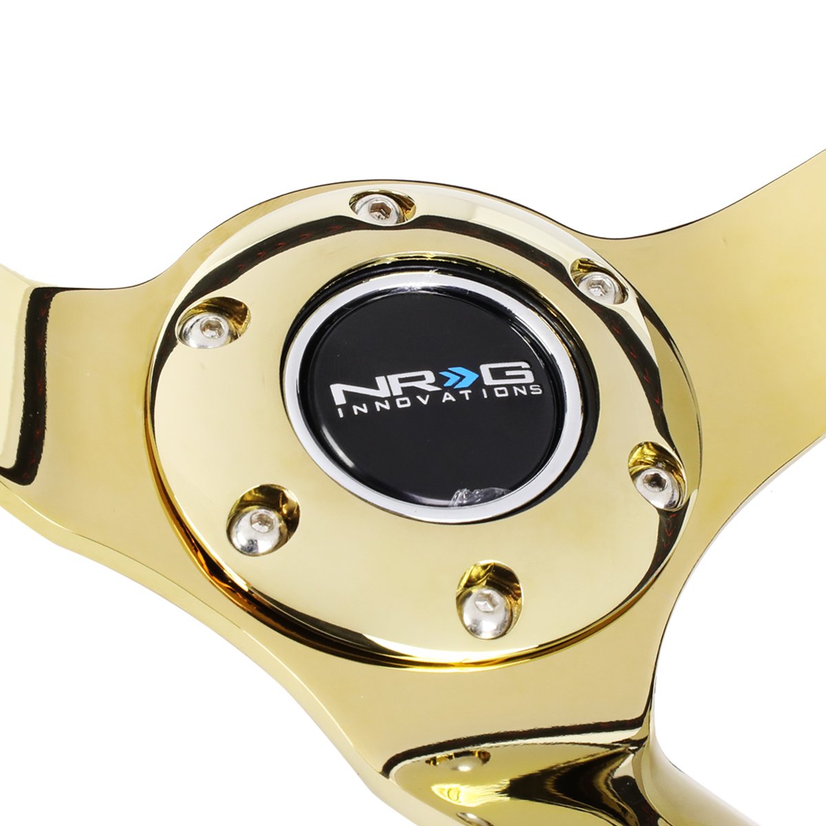 NRG Innovations Reinforced NRG-RST-036GD Steering Wheel - 350mm Sport Steering Wheel (3' deep) Black Leather with Red Baseball Stitching - Chrome Gold Spoke