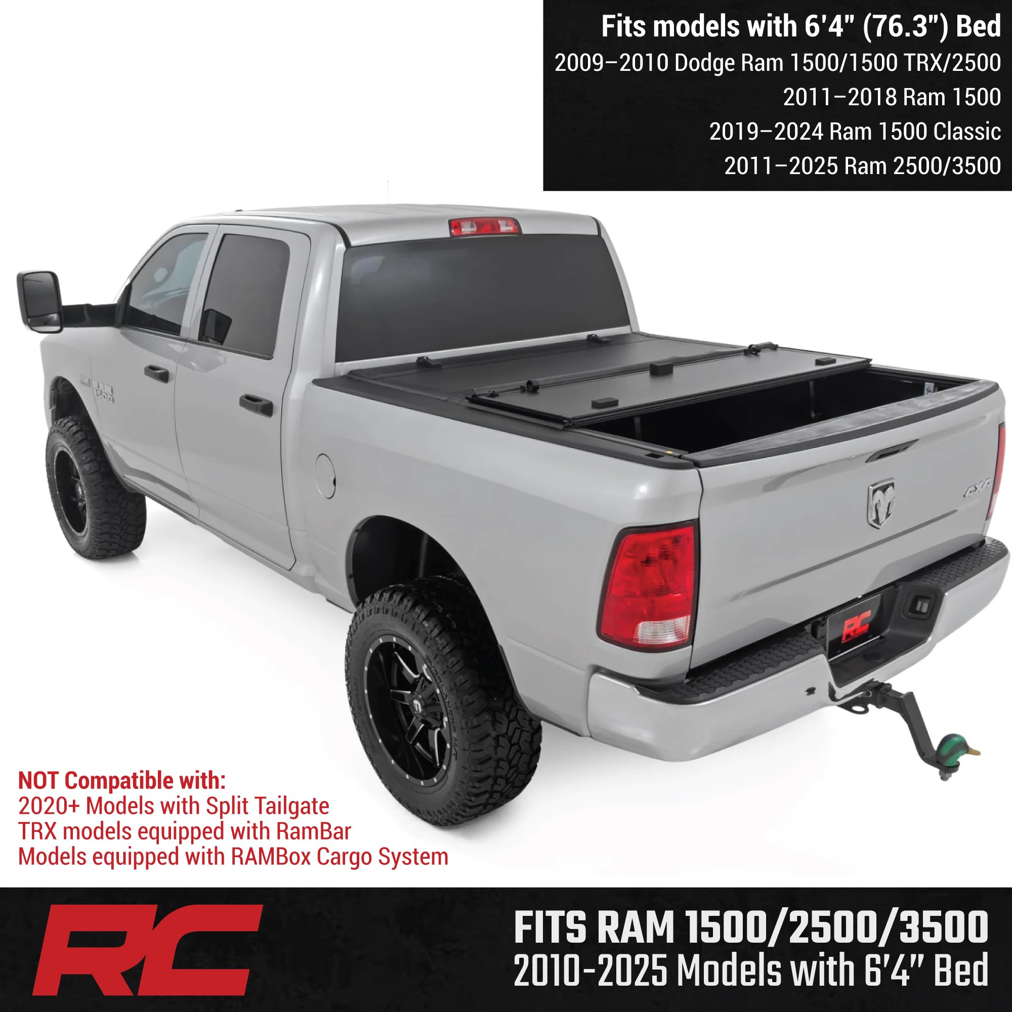 Rough Country Tonneau Cover Hard Flip Up for Dodge Ram 1500 (2009-2018) & 2500 (2010-2025) - Aluminum Tri-Fold Bed Cover, Fits 6'4 (76.3") Bed