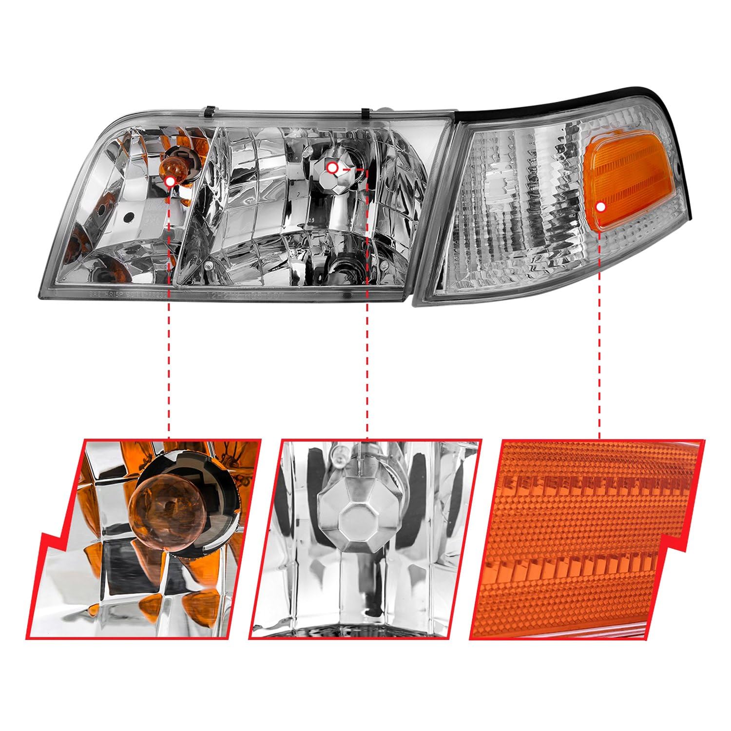 1998-2005 Ford Crown Victoria ANZO Crystal Headlight Chrome with Bumper Light (OE)