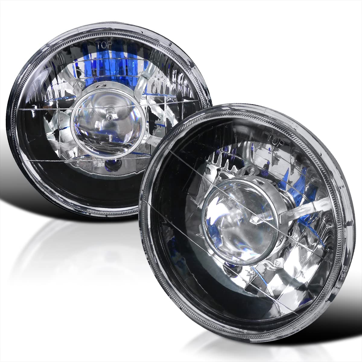 7" Black Round Projector Headlights Spec-D Tuning Clear Lens W/H4 Bulbs Head Light Assembly Fit For Most Vehicles Equipped 7" Round Headlights, Left + Right Pair Headlamps Assembly