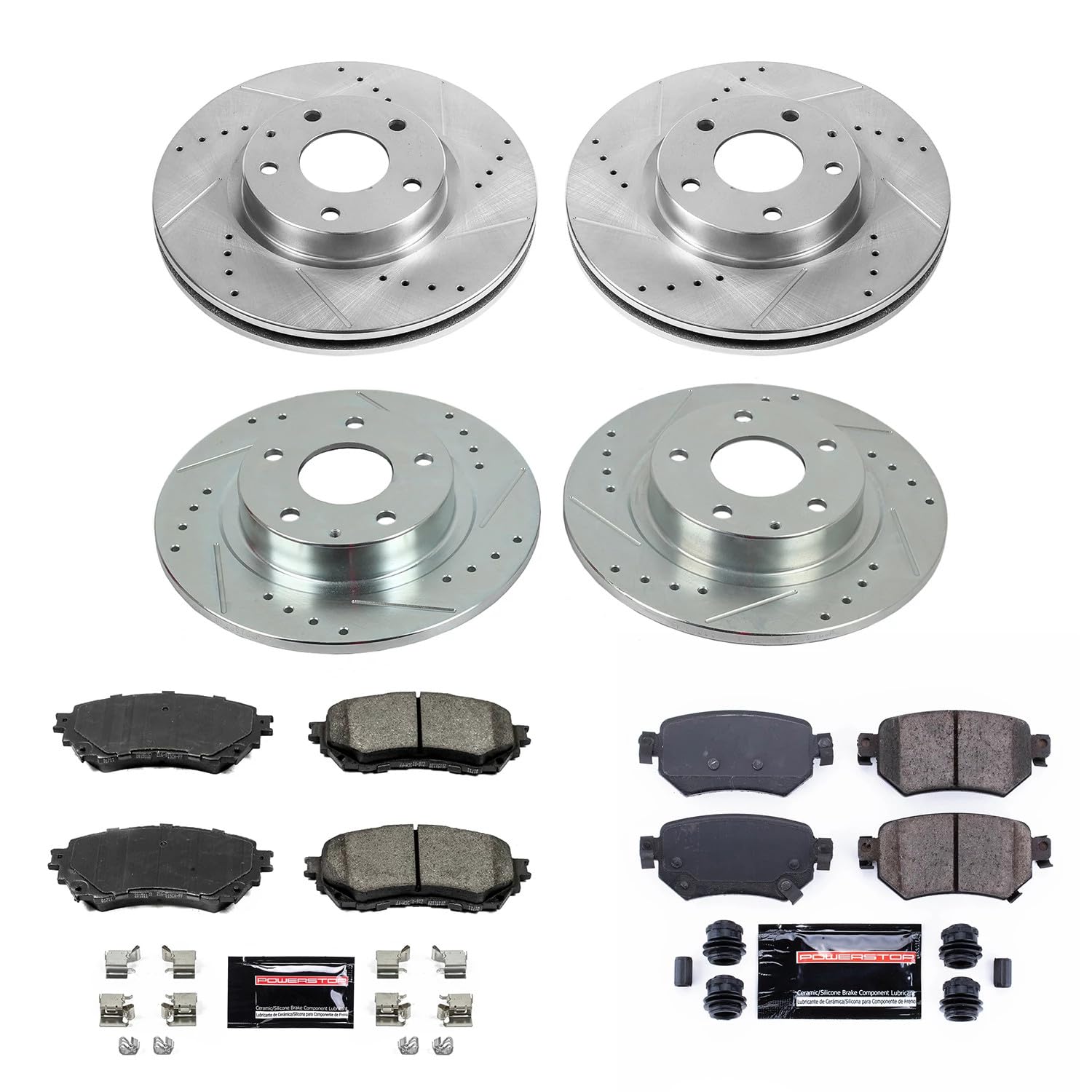 Power Stop K8067 Z23 Carbon Fiber Brake Pads Front and Rear with Drilled and Slotted Brake Rotors Brake Kit For 2016 2017 2018 Mazda 6