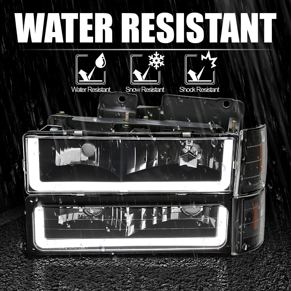 Black LED Bar Headlights + Bumper Lamps + Corner Lights SPEC-D TUNING Compatible with 1994-1998 GMC C10 C/K 1500 Suburban Yukon, Left + Right Pair Headlamps Assembly